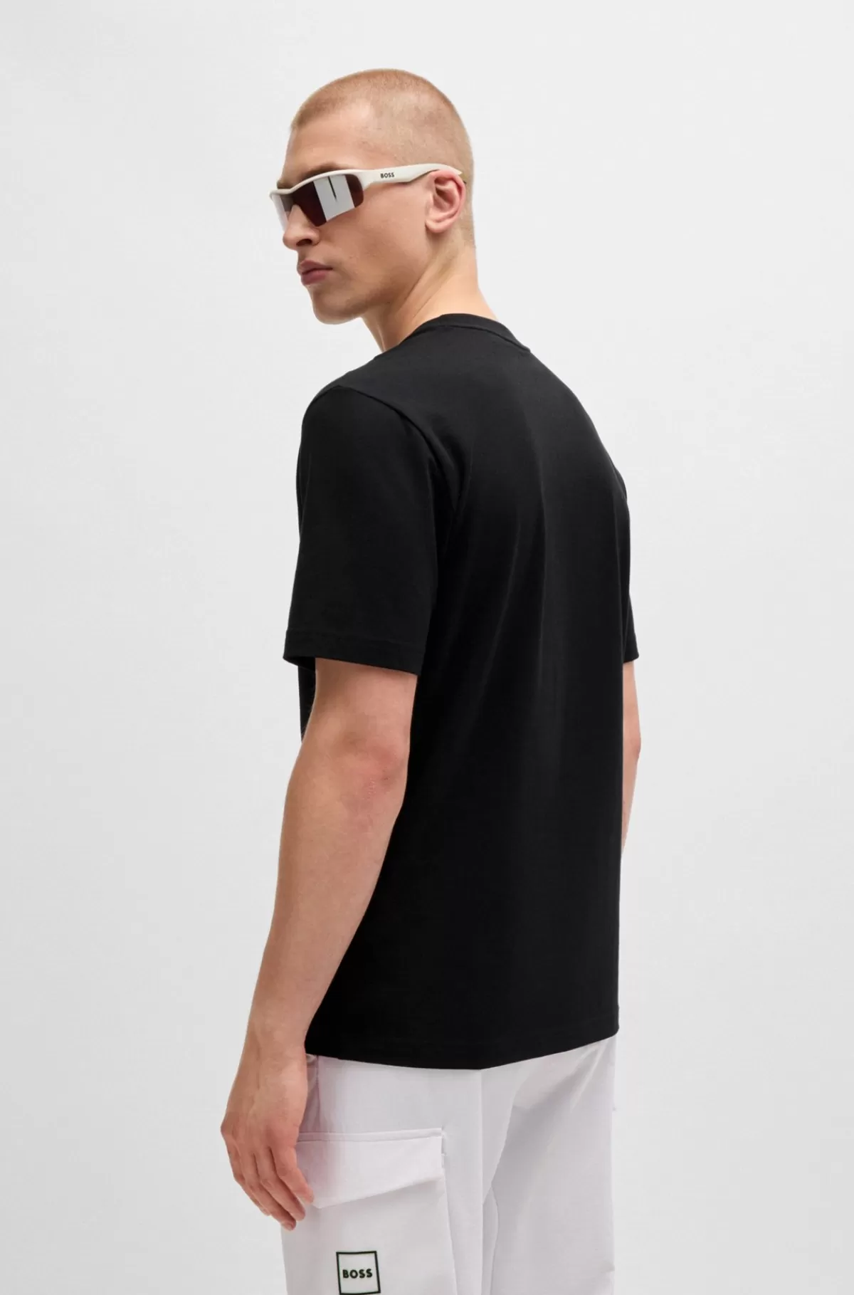 HUGO BOSS T-shirt I Bomuld Med Stræk Med Printet Og Broderet Grafik Sort Sale