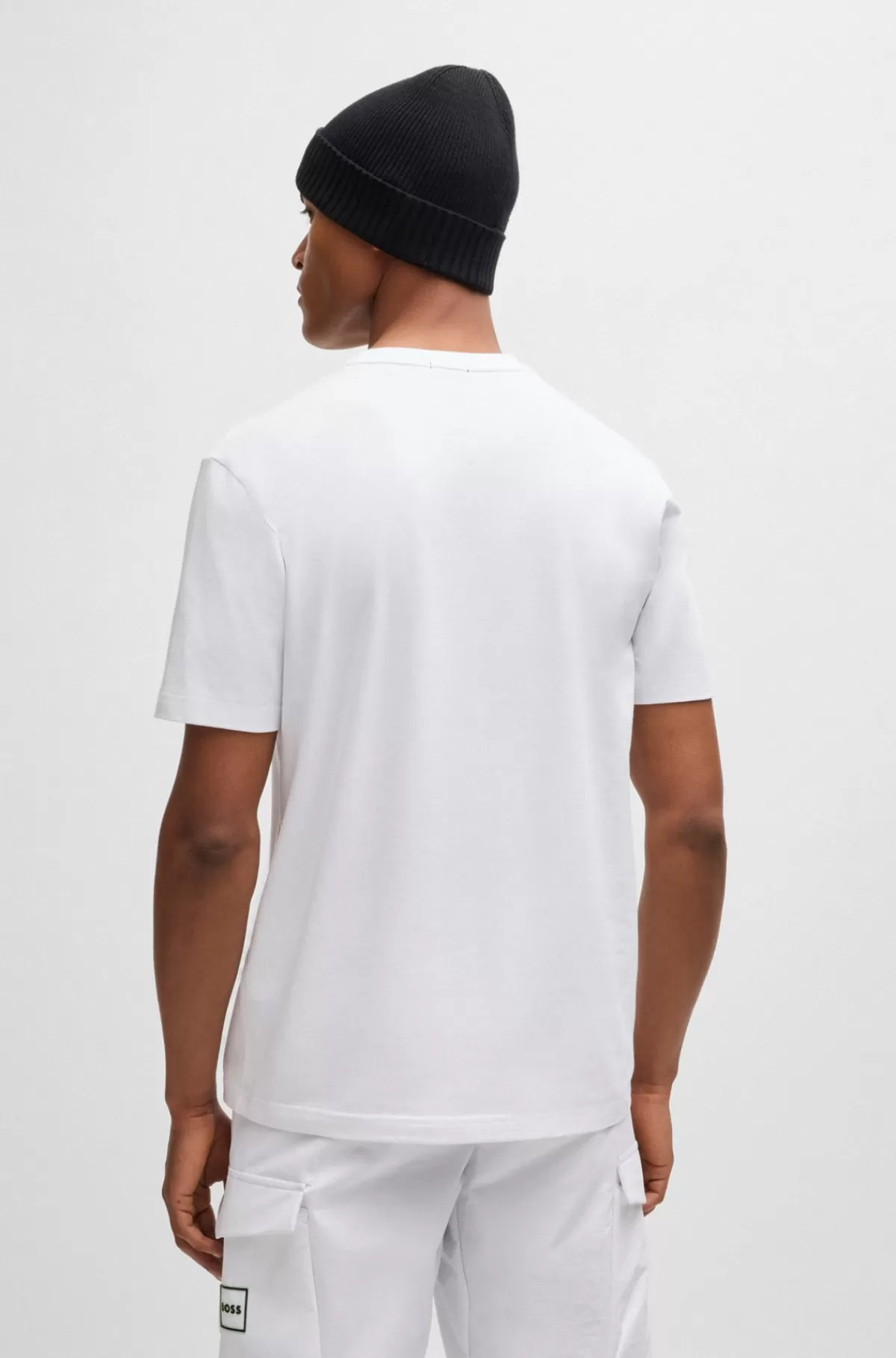 HUGO BOSS T-shirt I Bomuld Med Stræk Med Printet Og Broderet Grafik Hvid Discount