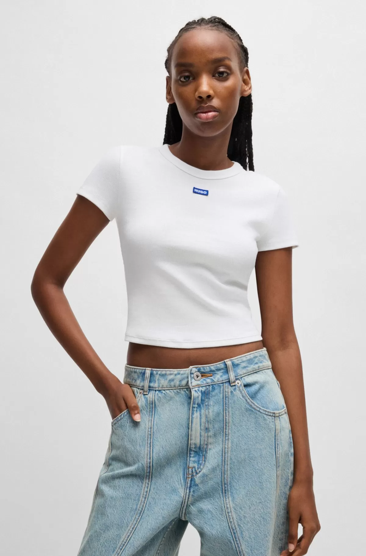 HUGO BOSS T-shirt I Bomuld Med Stræk Med Slim Fit Og Blåt Logomærkat Hvid Flash Sale