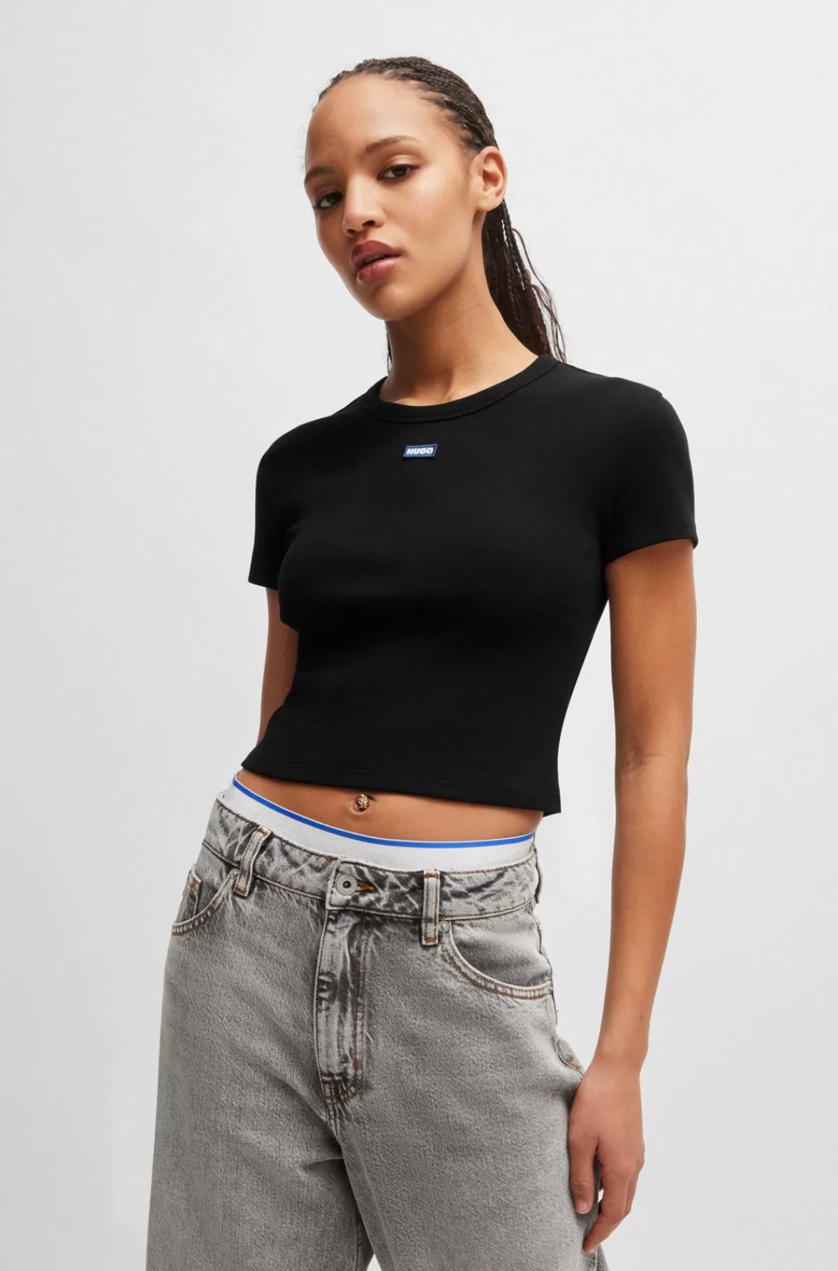 HUGO BOSS T-shirt I Bomuld Med Stræk Med Slim Fit Og Blåt Logomærkat Sort Best Sale