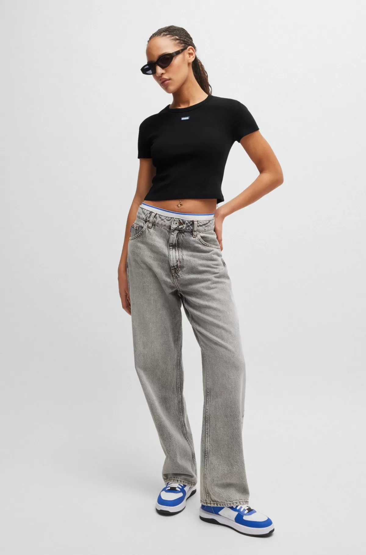 HUGO BOSS T-shirt I Bomuld Med Stræk Med Slim Fit Og Blåt Logomærkat Sort Best Sale