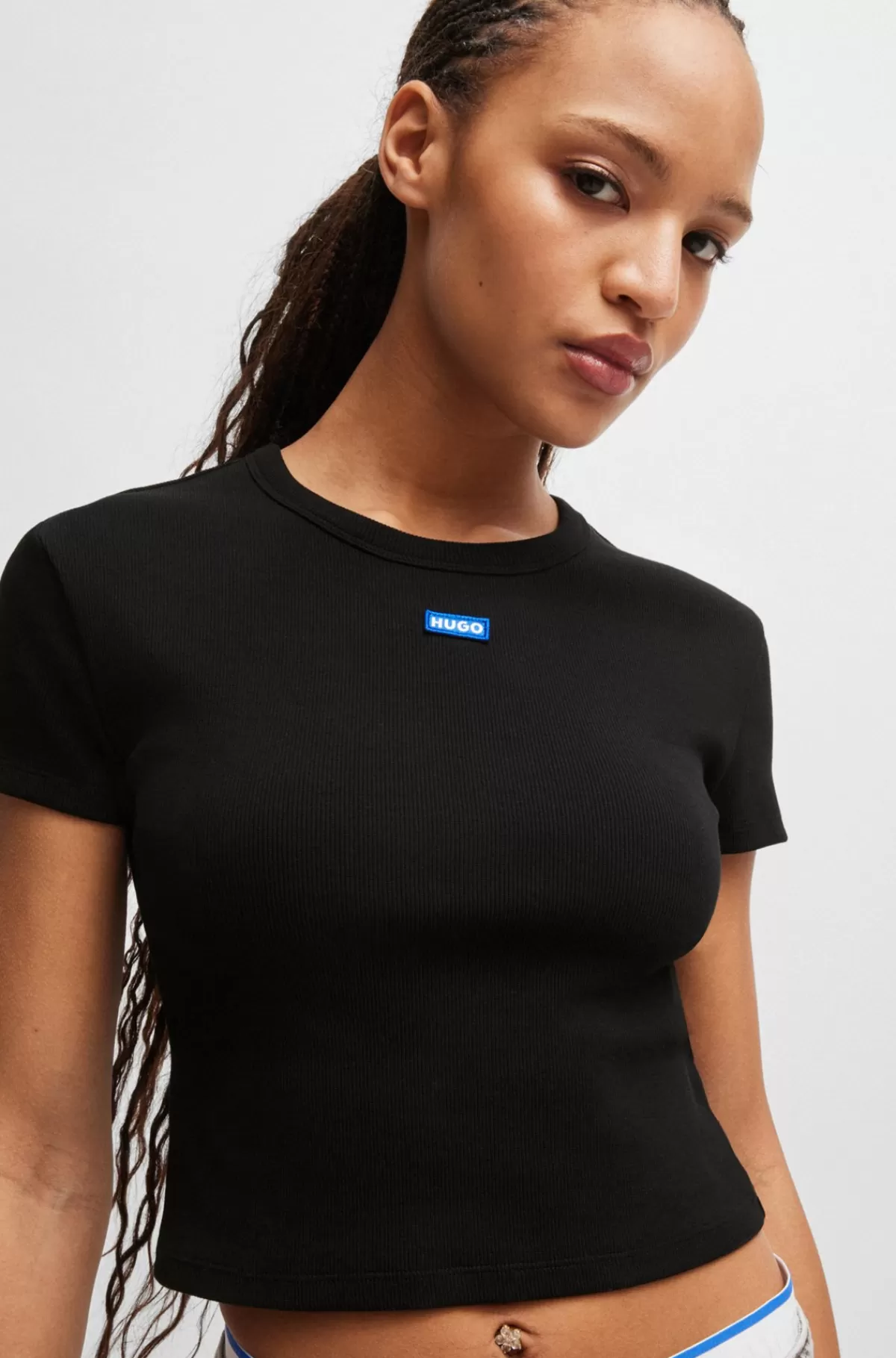 HUGO BOSS T-shirt I Bomuld Med Stræk Med Slim Fit Og Blåt Logomærkat Sort Best Sale