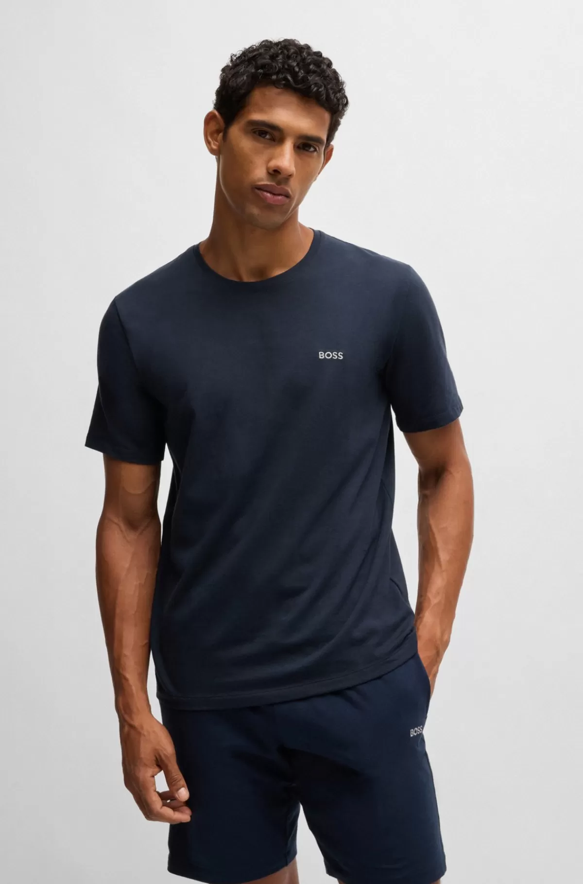 HUGO BOSS T-shirt I Bomuld Med Stræk Og Broderet Logo Mørkeblå Discount