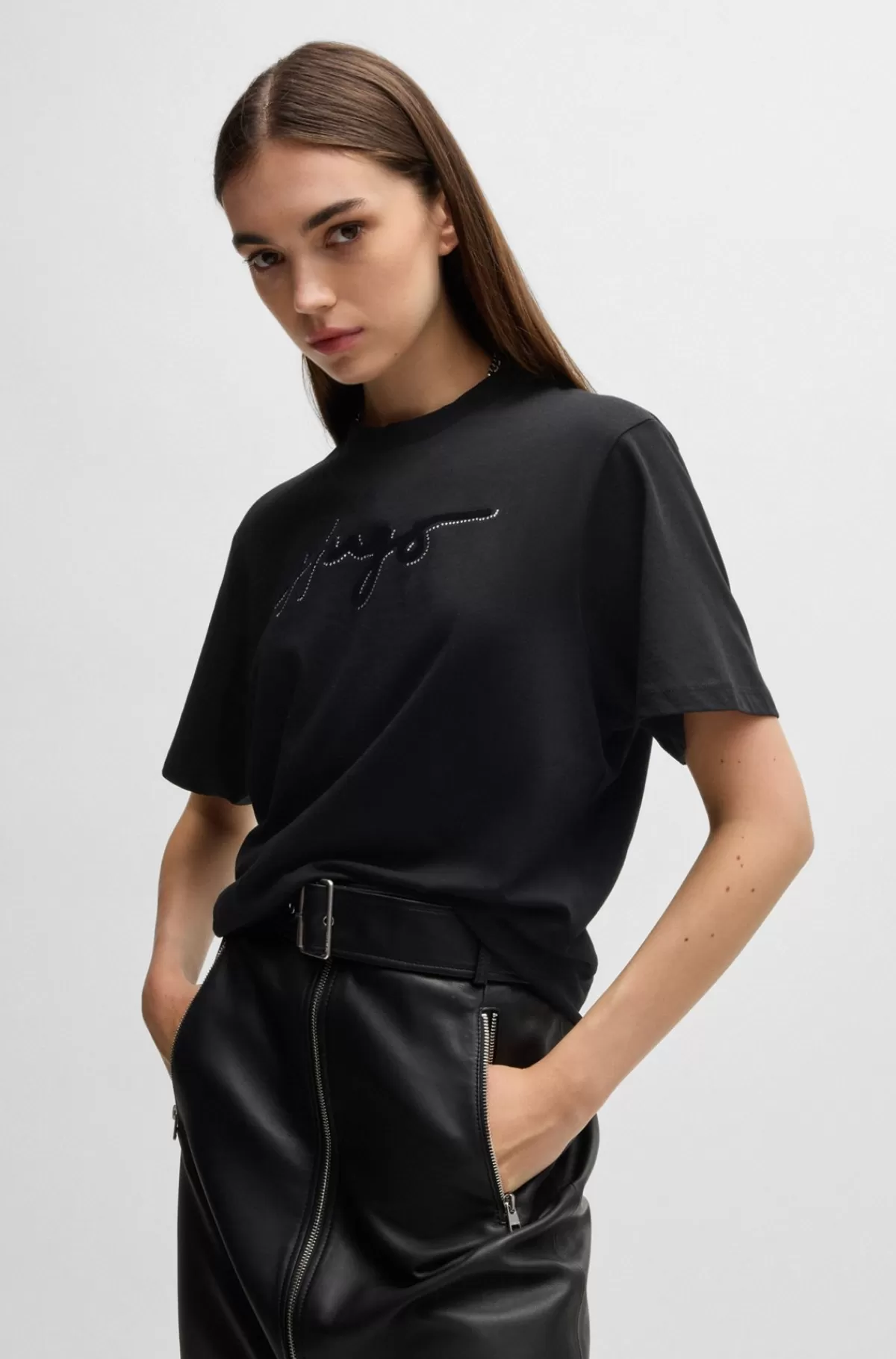 HUGO BOSS T-shirt I Bomuld Med Velourprintet Logo Og Rhinsten Sort Outlet