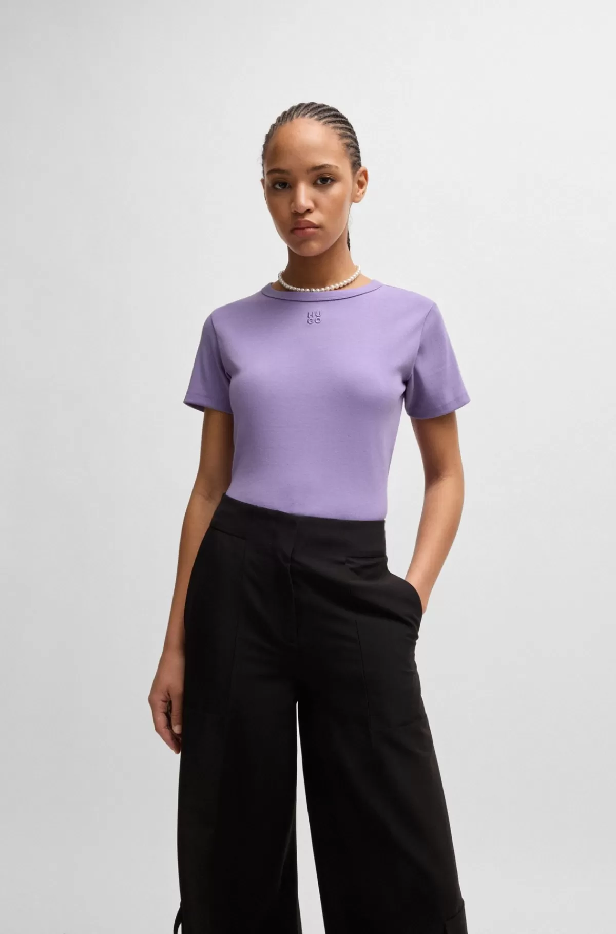 HUGO BOSS T-shirt I Bomuldsblanding Med Broderet Stablet Logo Lyslilla Sale