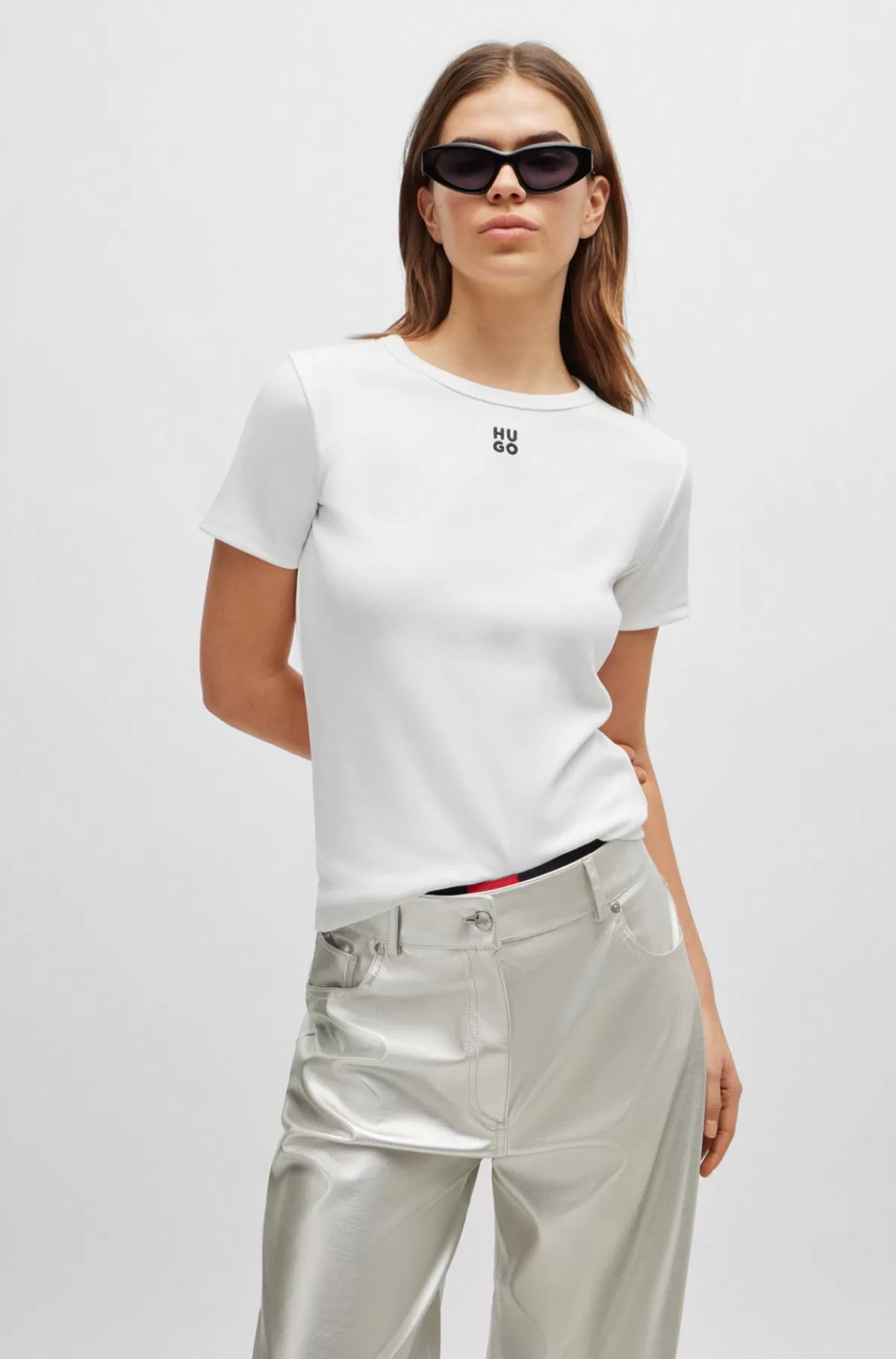 HUGO BOSS T-shirt I Bomuldsblanding Med Broderet Stablet Logo Hvid Clearance