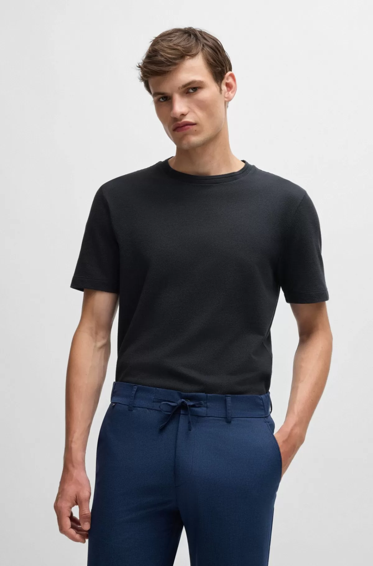 HUGO BOSS T-shirt I Bomuldsblanding Med Jacquardboblestruktur Mørkeblå Store
