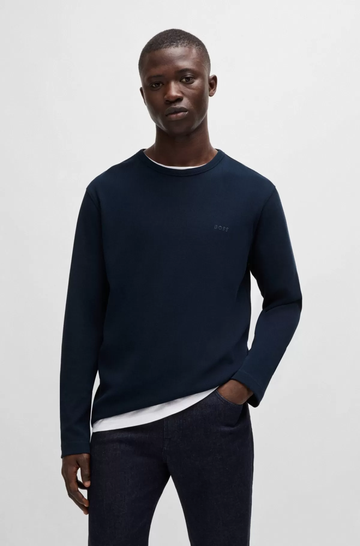 HUGO BOSS T-shirt I Bomuldsblanding Med Regular Fit Og Broderet Logo Mørkeblå Store