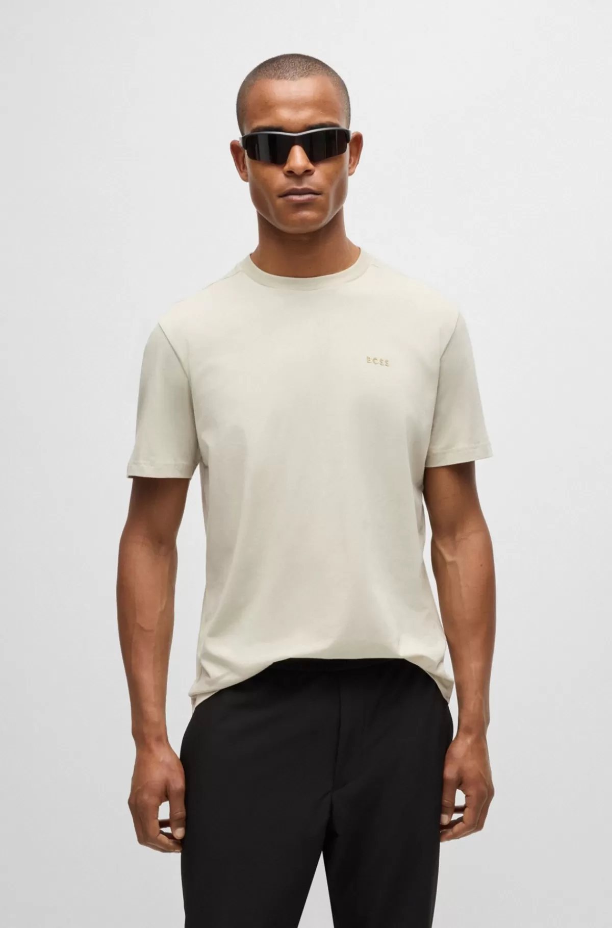 HUGO BOSS T-shirt I Bomuldsblanding Med Relaxed Fit Og Printet Grafik Lys beige Outlet