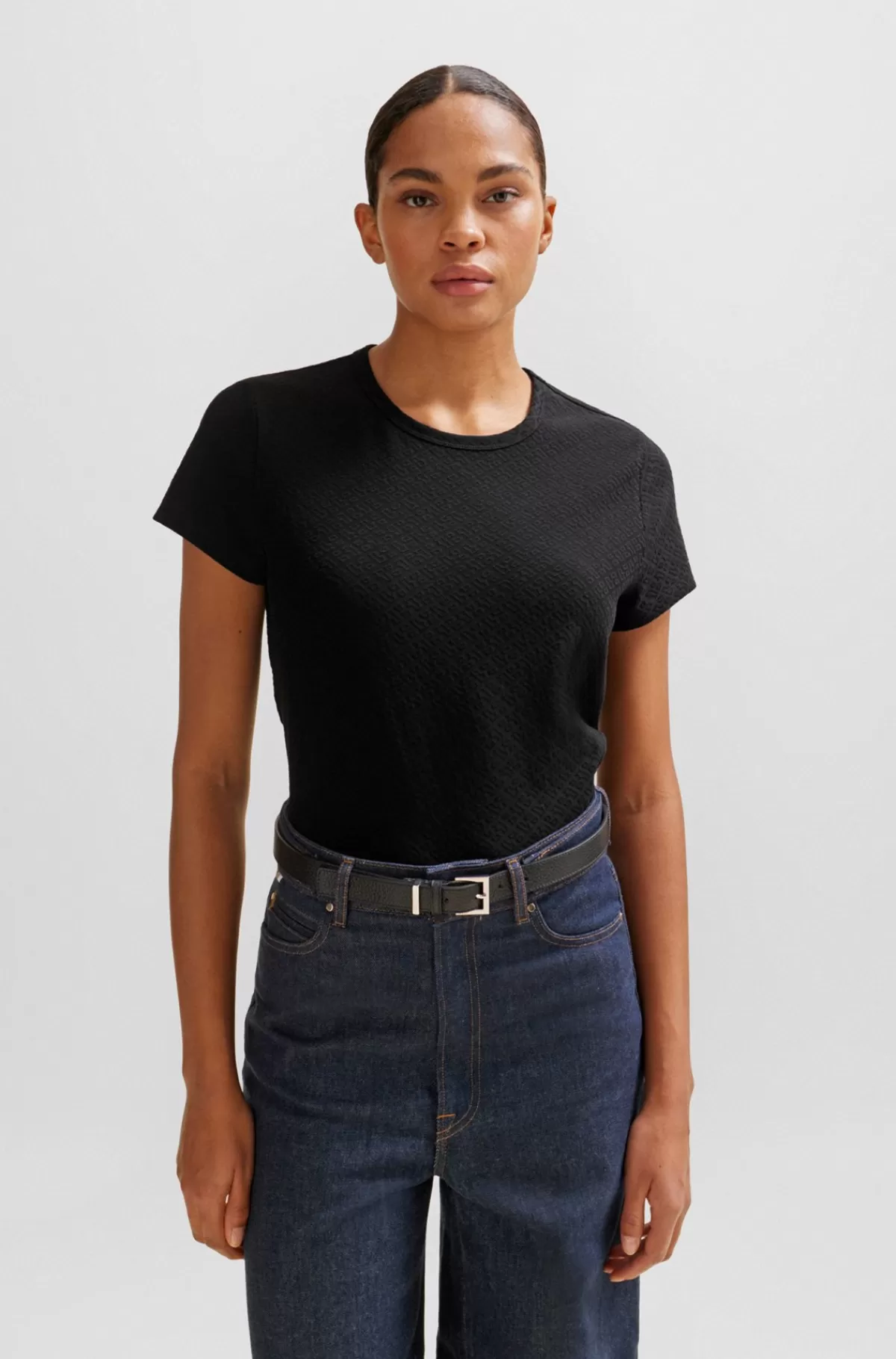 HUGO BOSS T-shirt I Bomuldsblanding Med Strikkede Monogrammer Med 3D-struktur Sort Shop