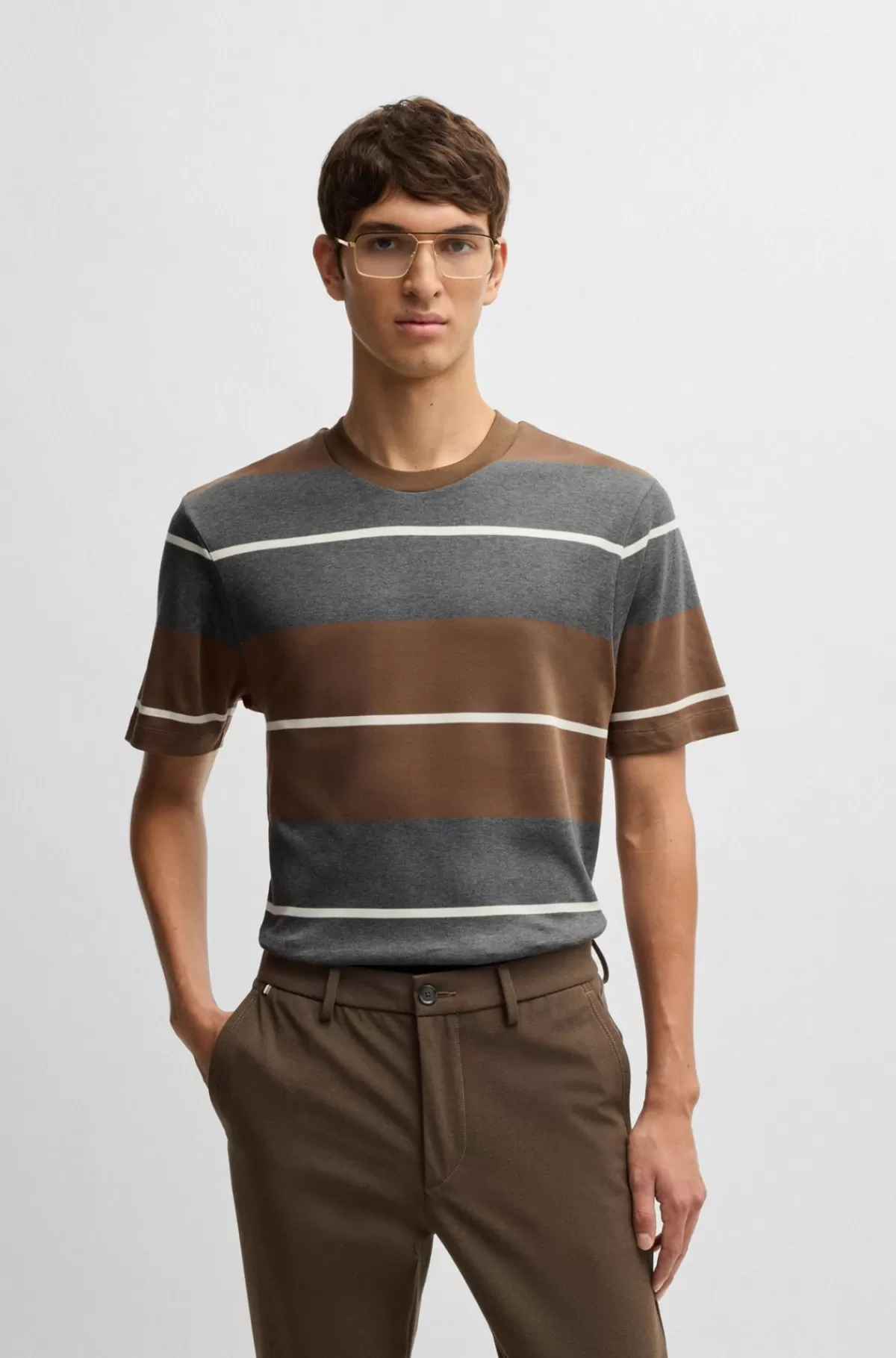 HUGO BOSS T-shirt I Bomuldsblanding Med Vandrette Striber Brun Best