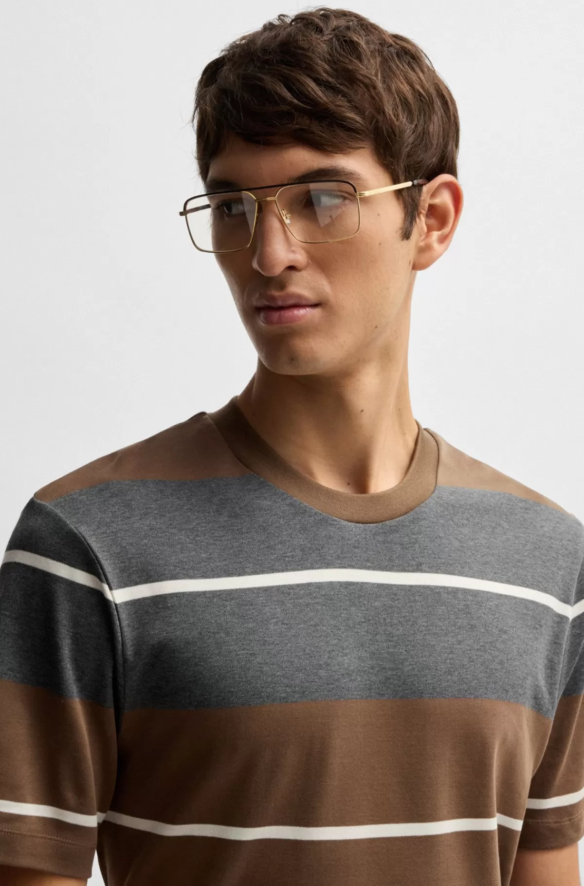 HUGO BOSS T-shirt I Bomuldsblanding Med Vandrette Striber Brun Best
