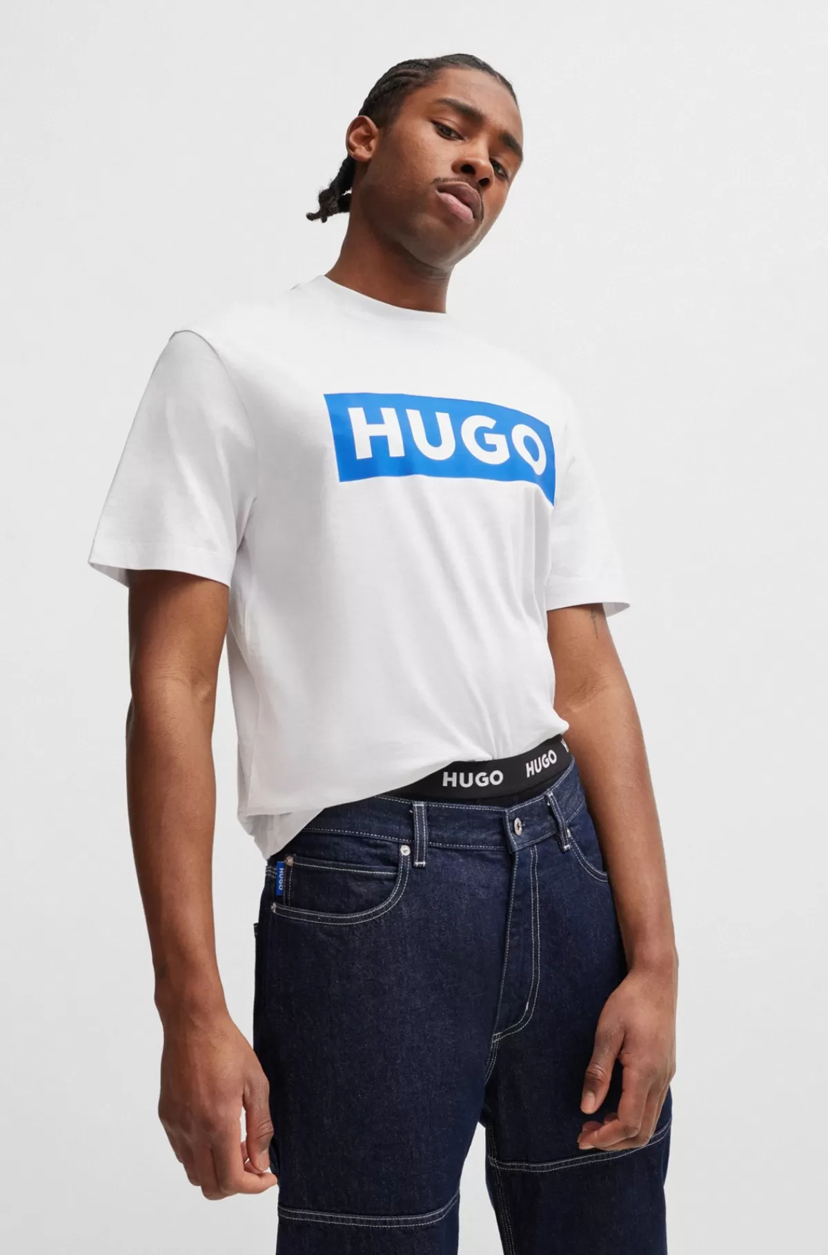 HUGO BOSS T-shirt I Bomuldsjersey Med Blåt Logo Hvid Hot