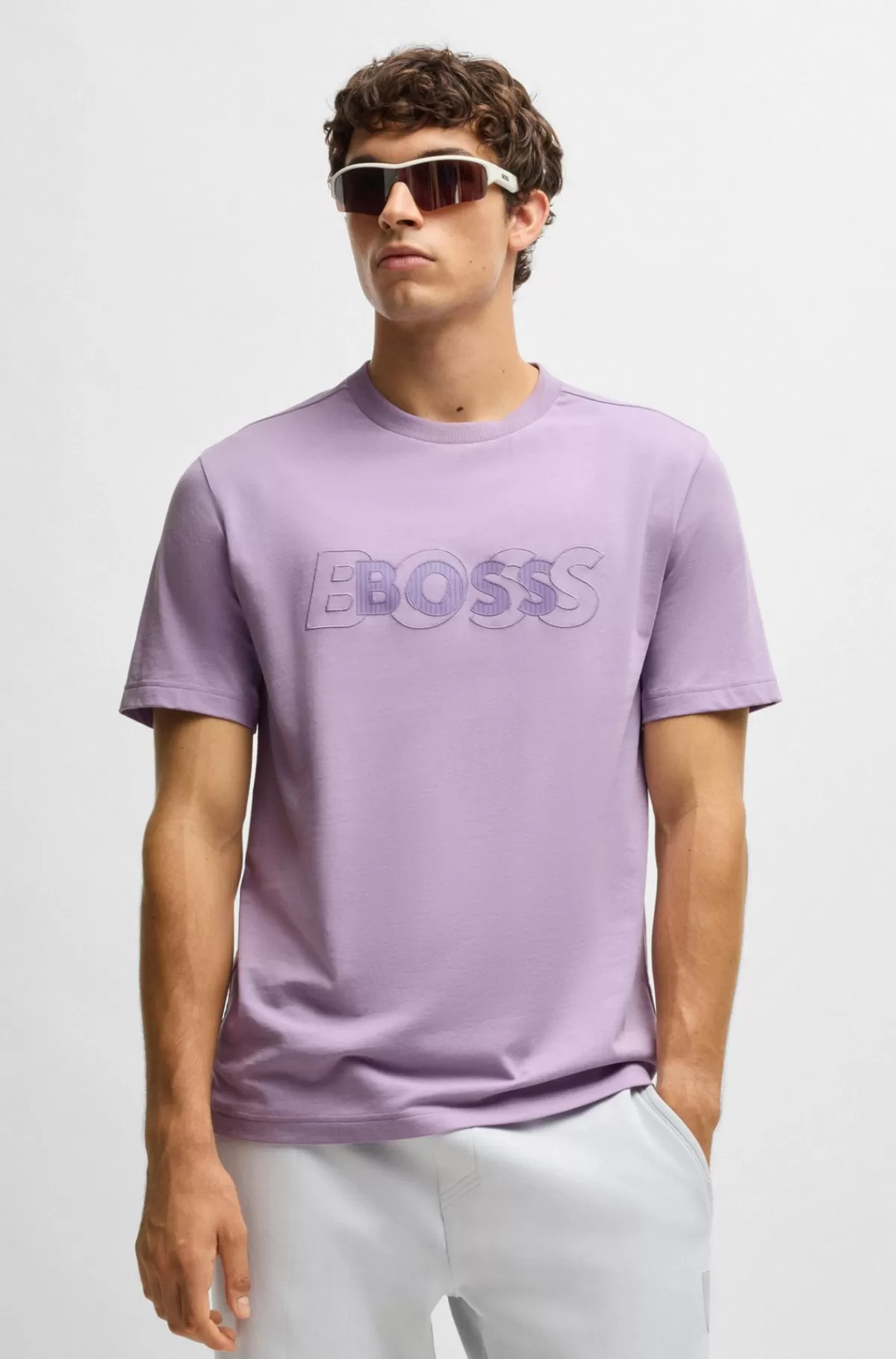 HUGO BOSS T-shirt I Bomuldsjersey Med Dobbeltlogo-grafik Lyslilla Best Sale