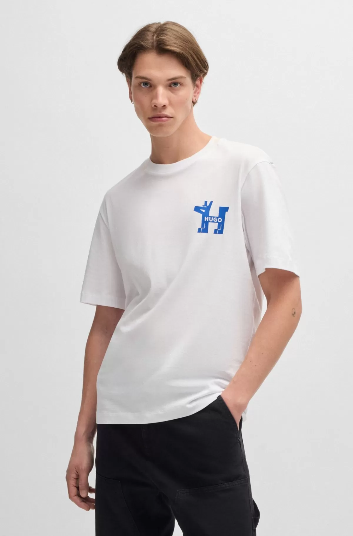 HUGO BOSS T-shirt I Bomuldsjersey Med Grafisk Logoprint Hvid Clearance