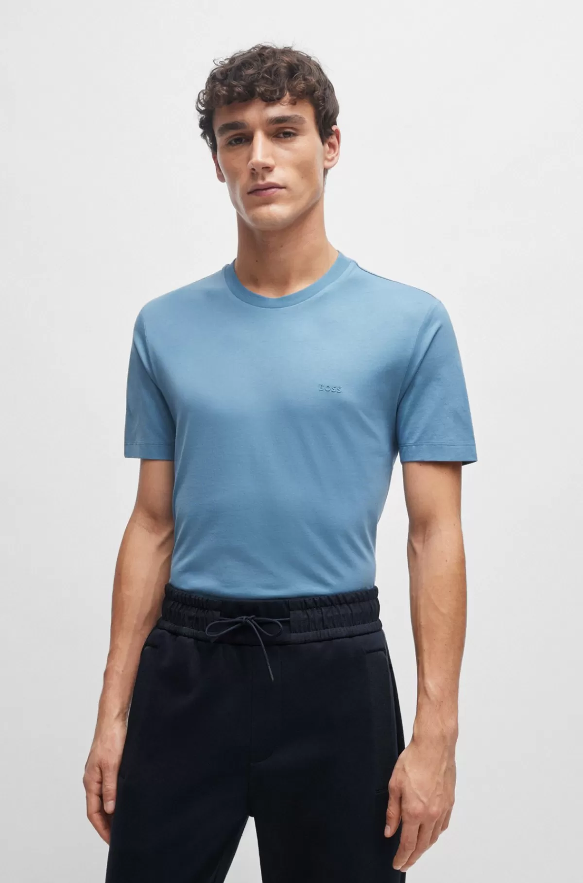 HUGO BOSS T-shirt I Bomuldsjersey Med Gummiprintet Logo Blå Sale