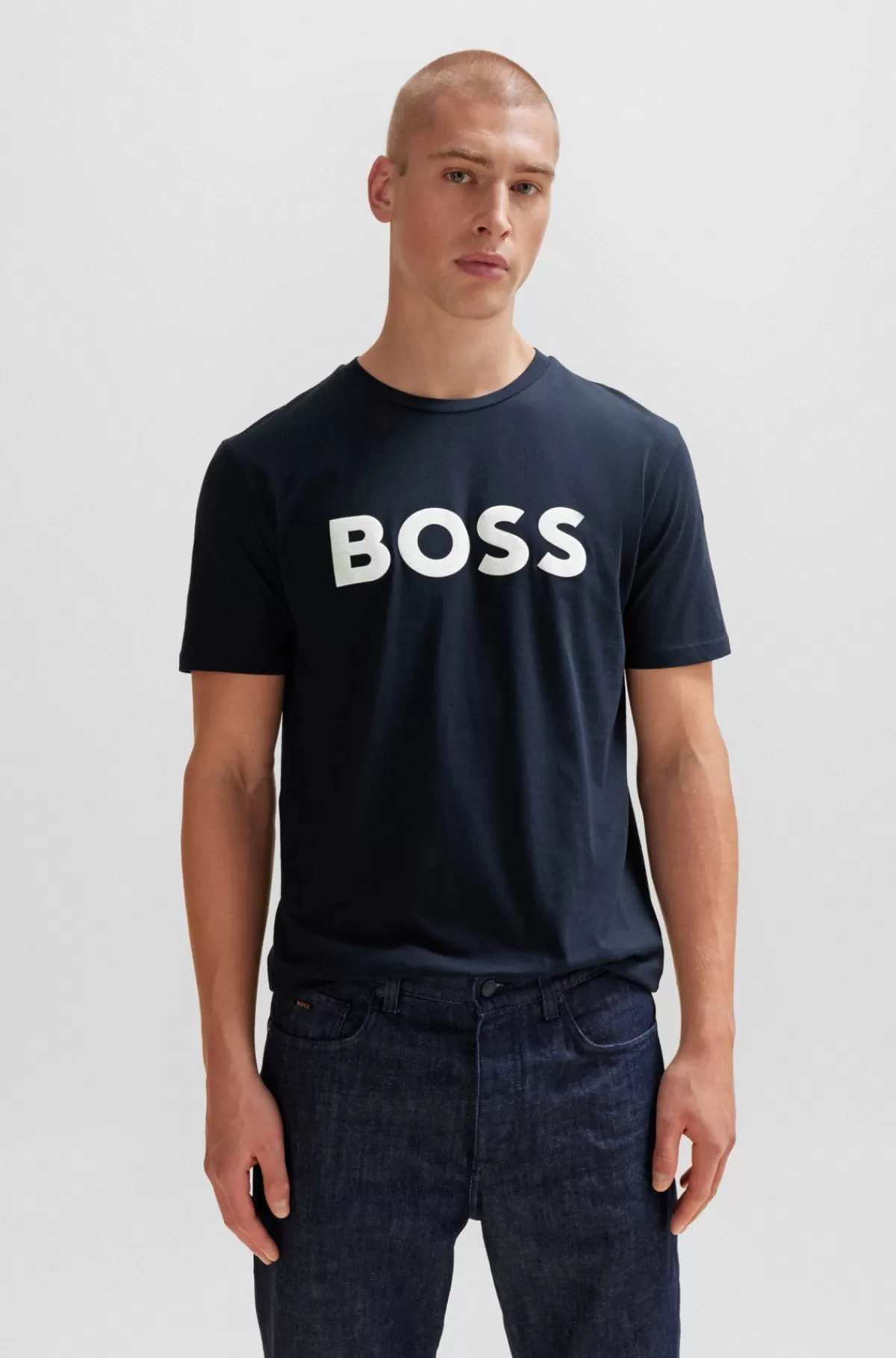 HUGO BOSS T-shirt I Bomuldsjersey Med Gummiprintet Logo Mørkeblå Cheap