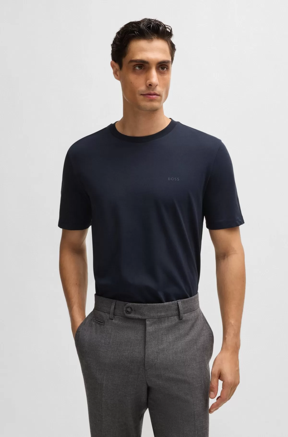 HUGO BOSS T-shirt I Bomuldsjersey Med Gummiprintet Logo Mørkeblå Clearance