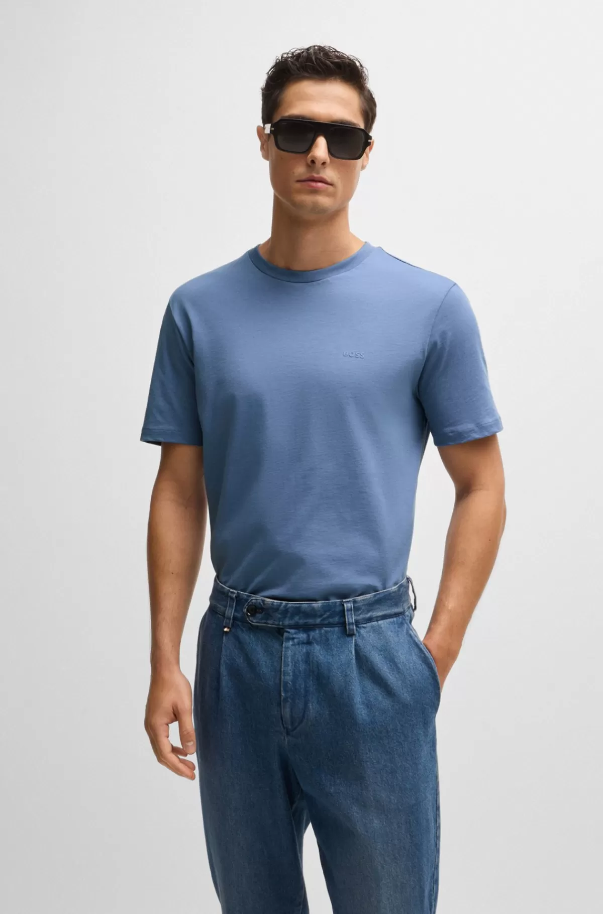 HUGO BOSS T-shirt I Bomuldsjersey Med Gummiprintet Logo Blå New