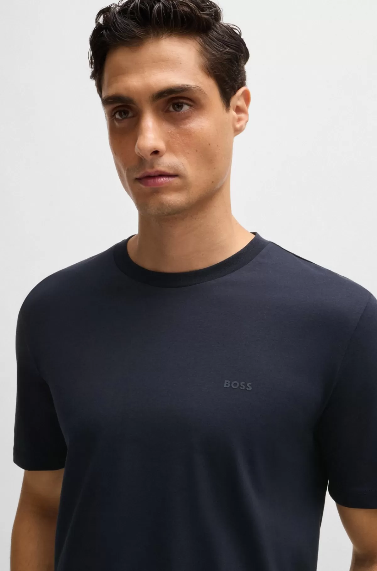 HUGO BOSS T-shirt I Bomuldsjersey Med Gummiprintet Logo Mørkeblå Clearance