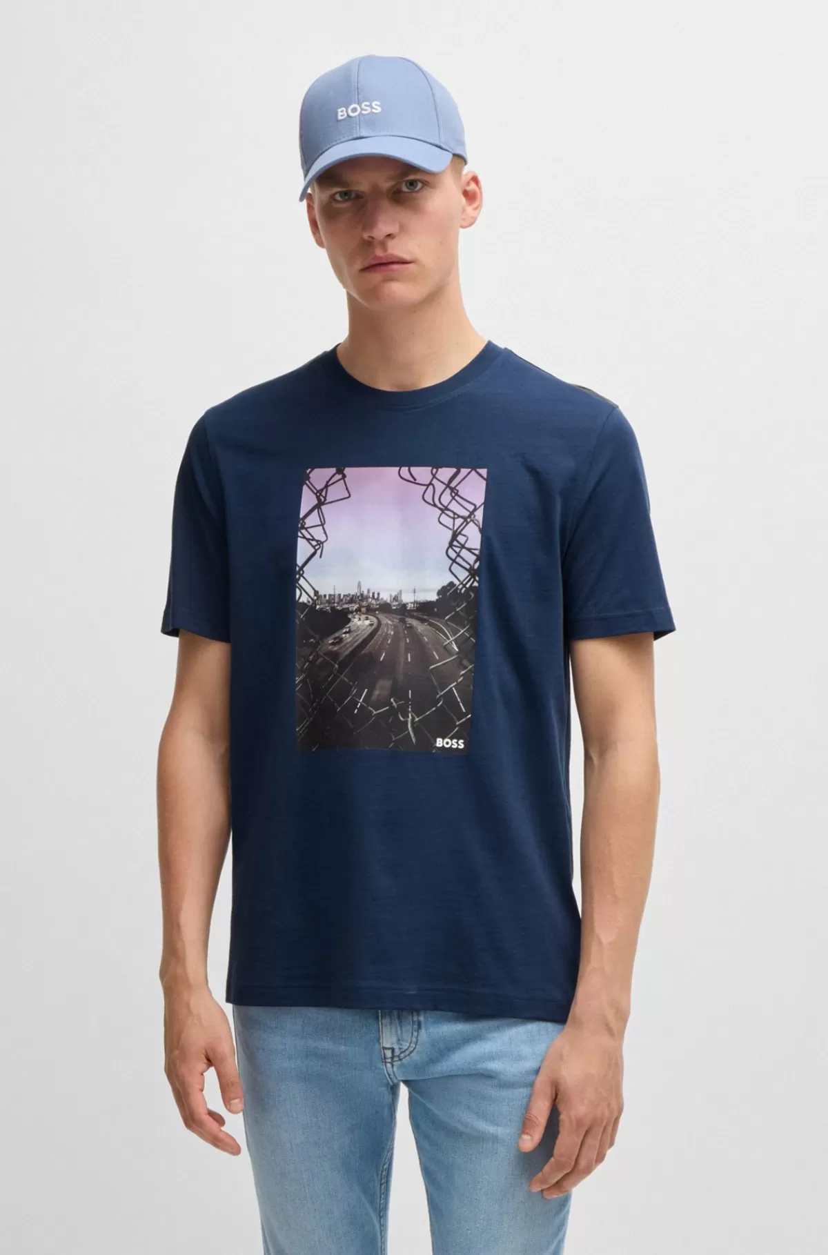HUGO BOSS T-shirt I Bomuldsjersey Med Logografik Mørkeblå Clearance