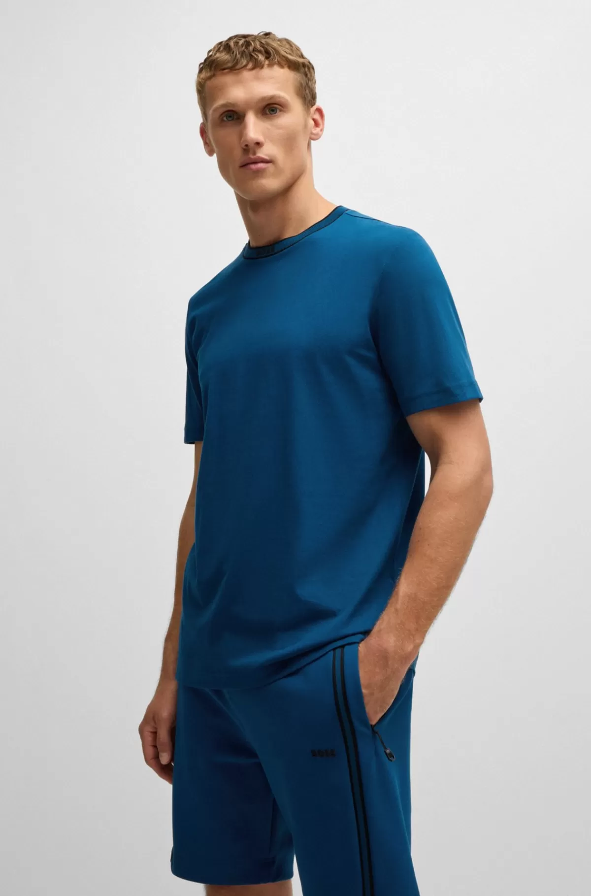 HUGO BOSS T-shirt I Bomuldsjersey Med Logokrave Blå Fashion