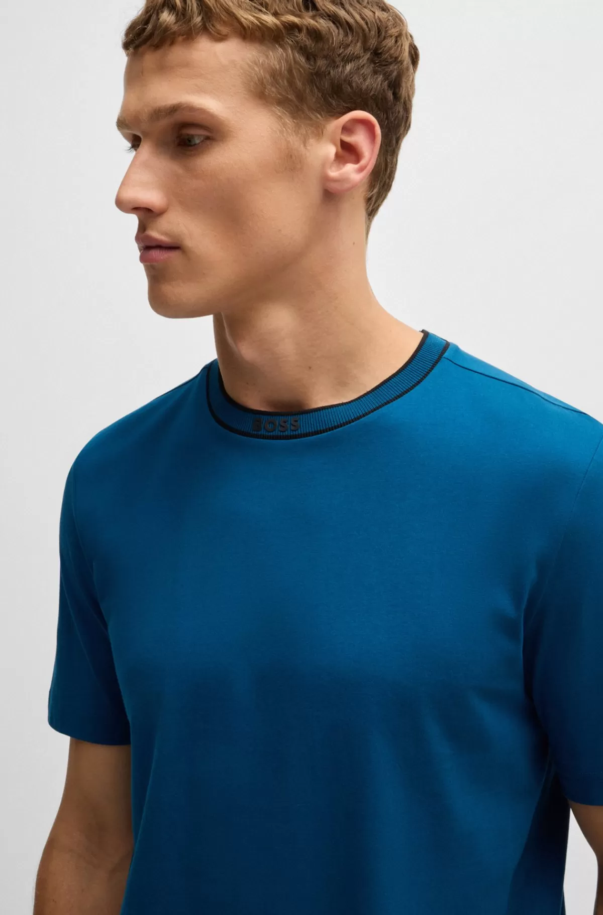 HUGO BOSS T-shirt I Bomuldsjersey Med Logokrave Blå Fashion