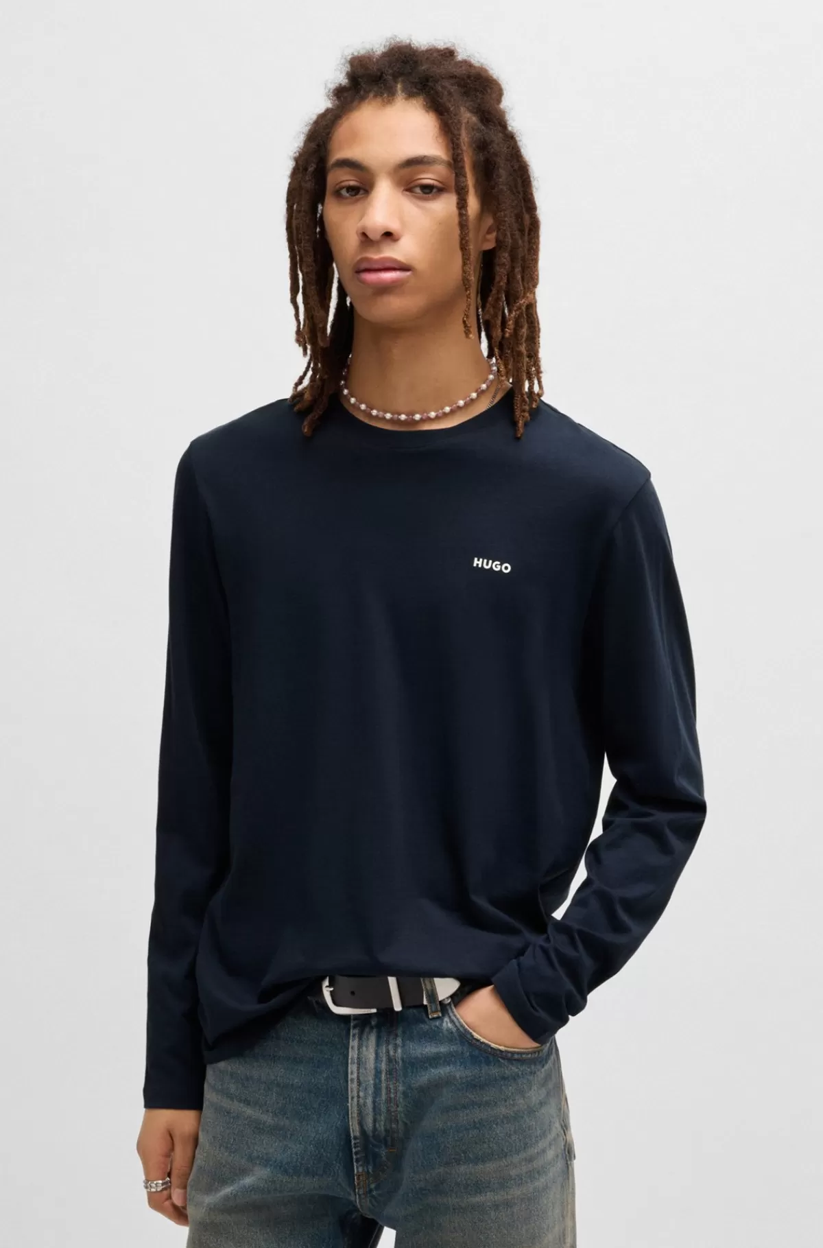 HUGO BOSS T-shirt I Bomuldsjersey Med Logoprint Mørkeblå Best Sale