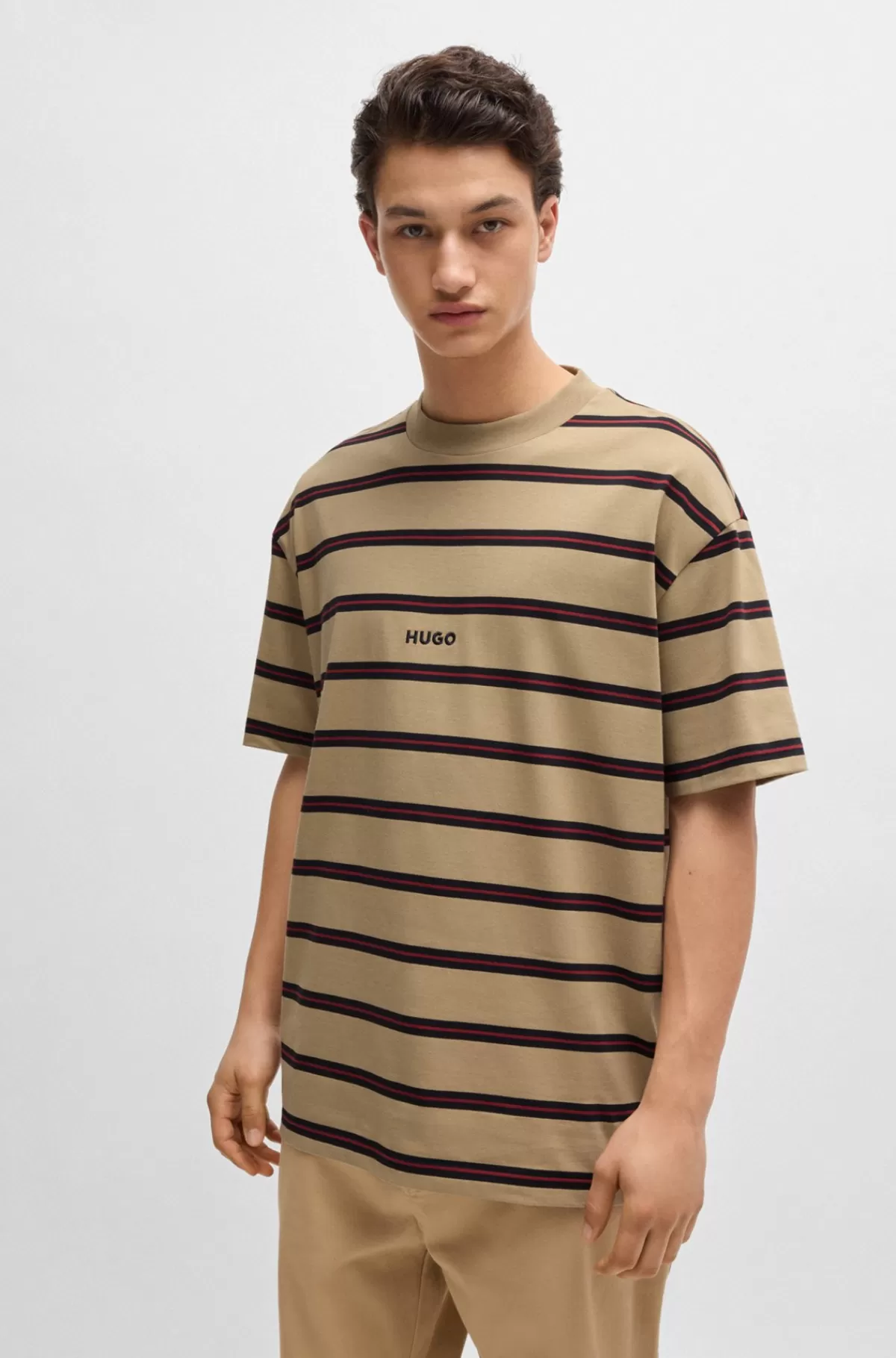 HUGO BOSS T-shirt I Bomuldsjersey Med Loose Fit Og Vandrette Striber Beige Fashion