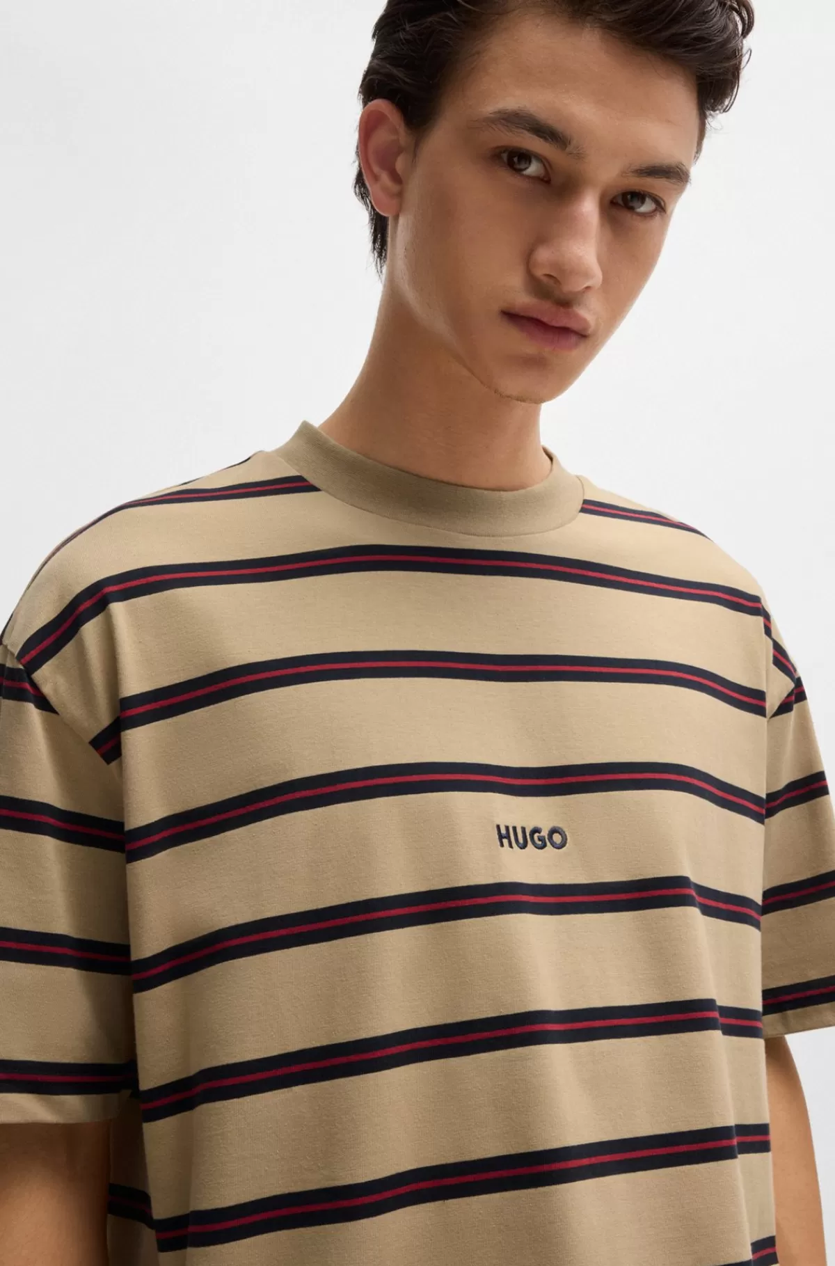 HUGO BOSS T-shirt I Bomuldsjersey Med Loose Fit Og Vandrette Striber Beige Fashion