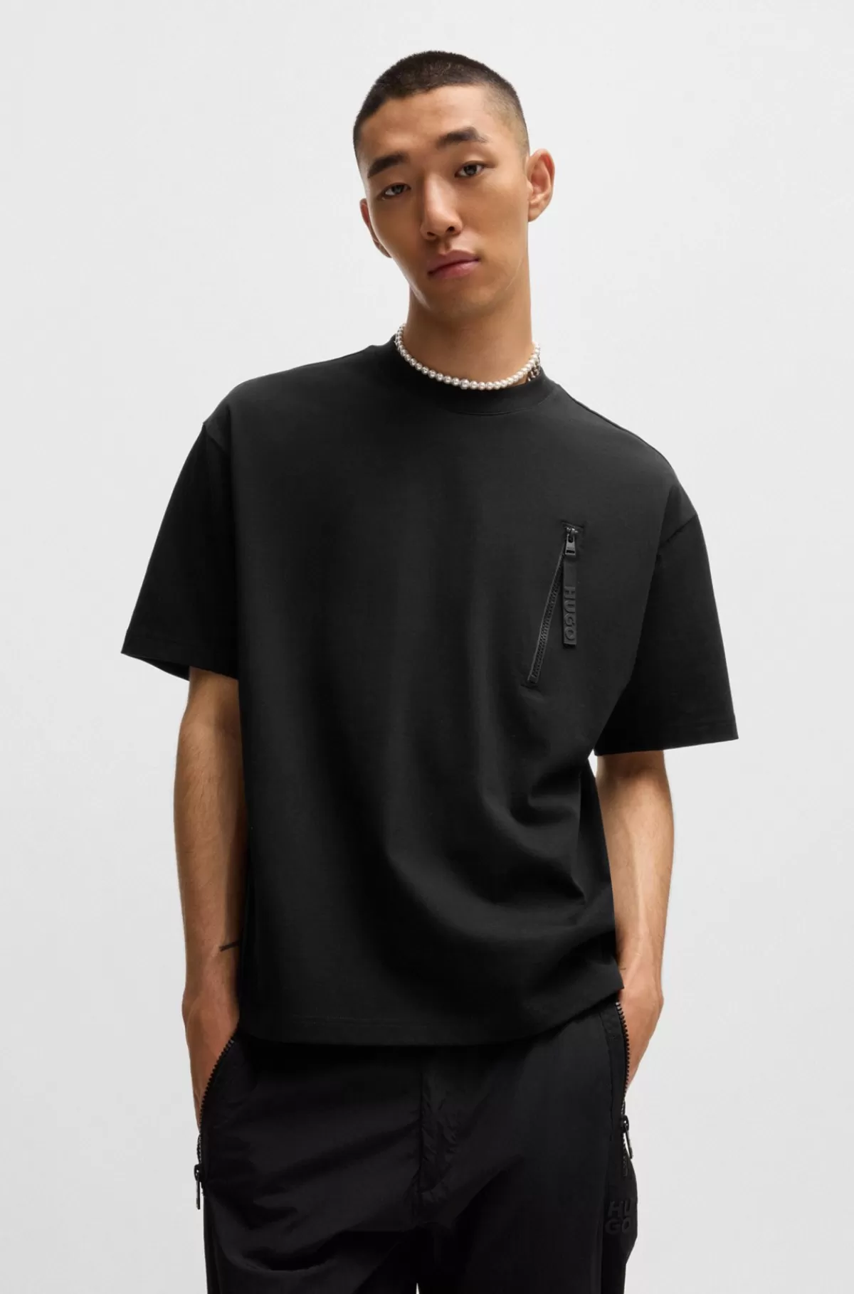 HUGO BOSS T-shirt I Bomuldsjersey Med Lynlåslomme Sort Best