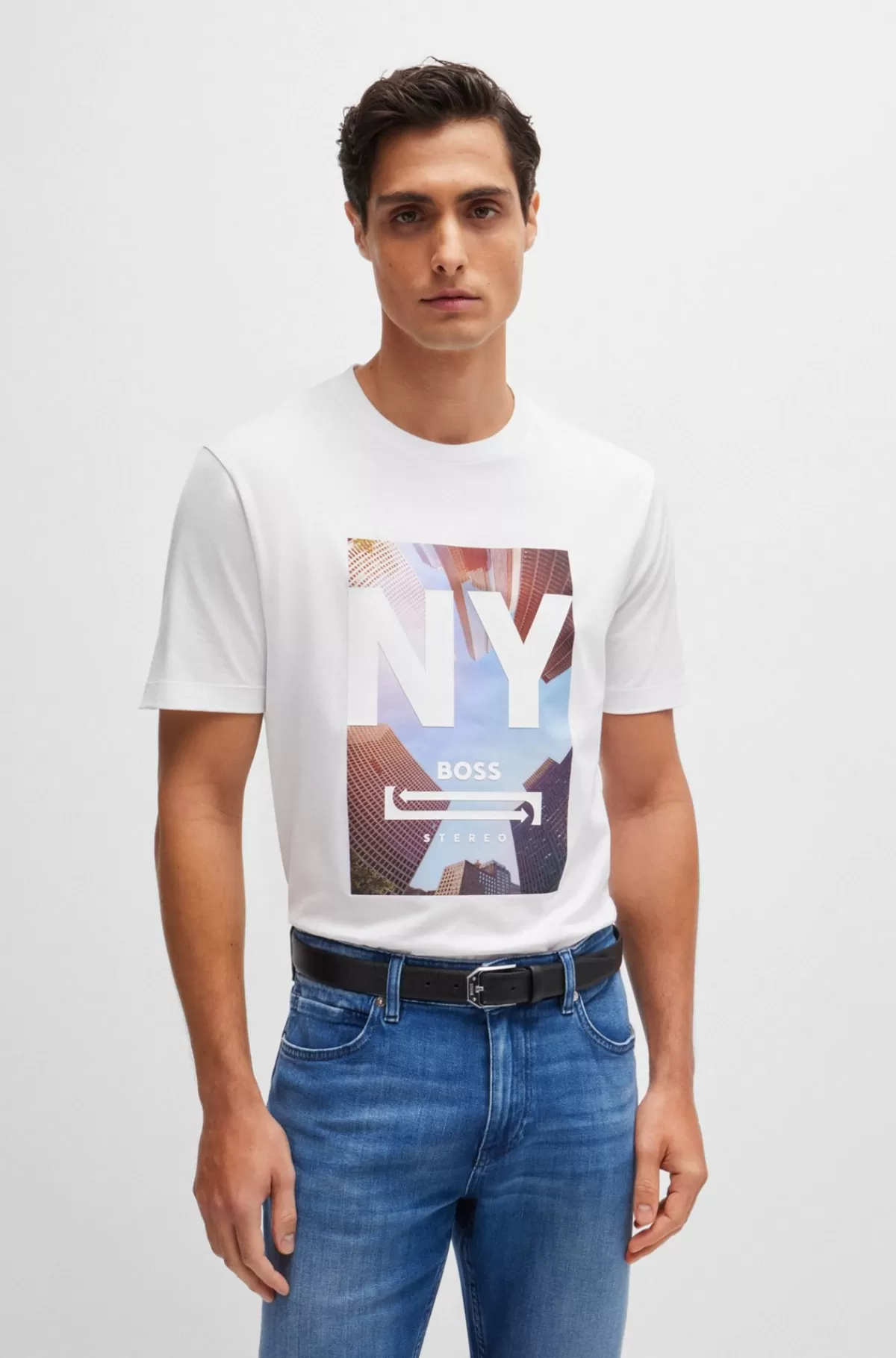 HUGO BOSS T-shirt I Bomuldsjersey Med Mixed Media-grafik Hvid Cheap