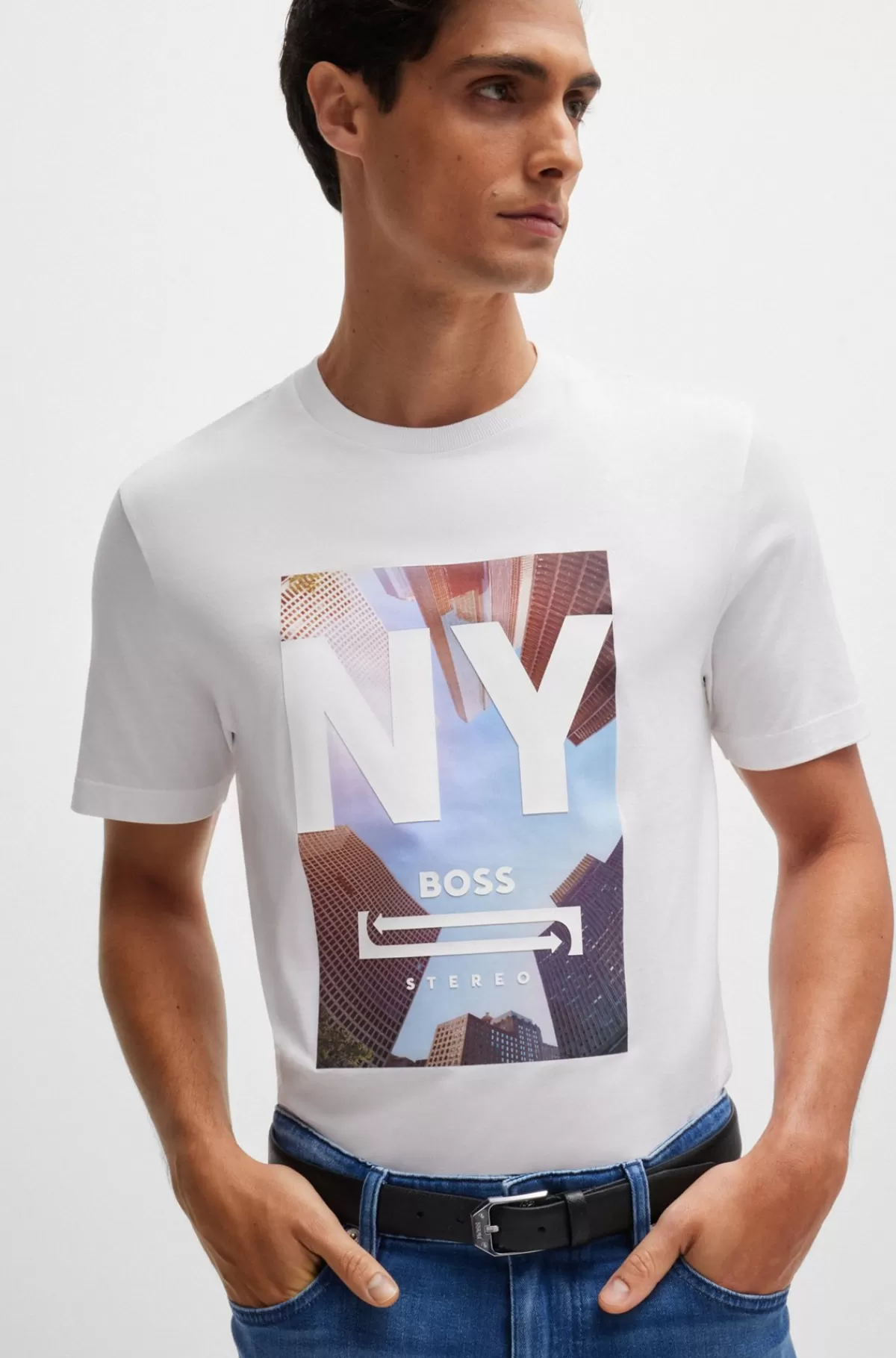 HUGO BOSS T-shirt I Bomuldsjersey Med Mixed Media-grafik Hvid Cheap