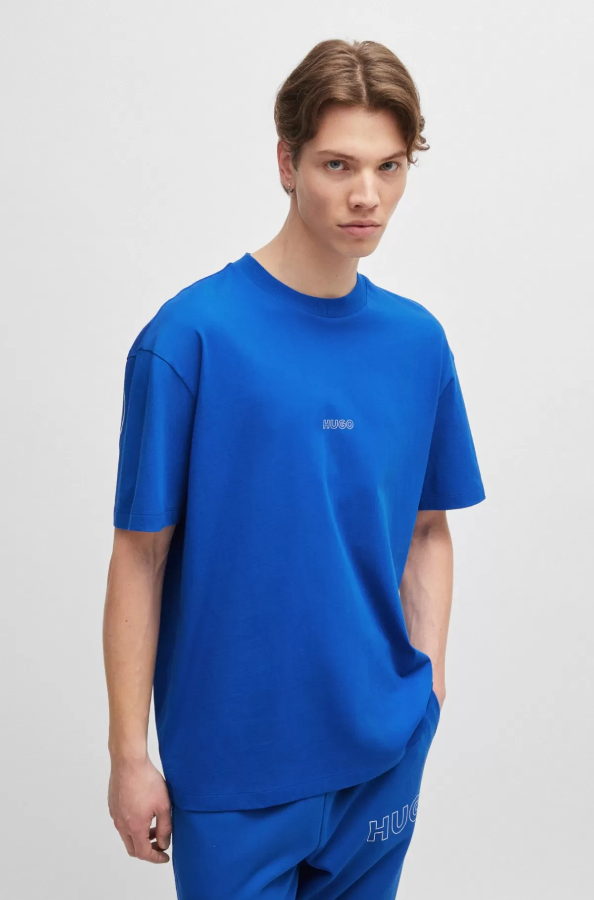 HUGO BOSS T-shirt I Bomuldsjersey Med Omridsede Logoer Blå Hot