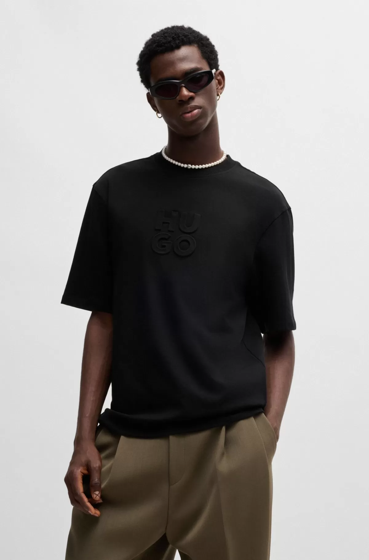 HUGO BOSS T-shirt I Bomuldsjersey Med Præget Logo Sort Store