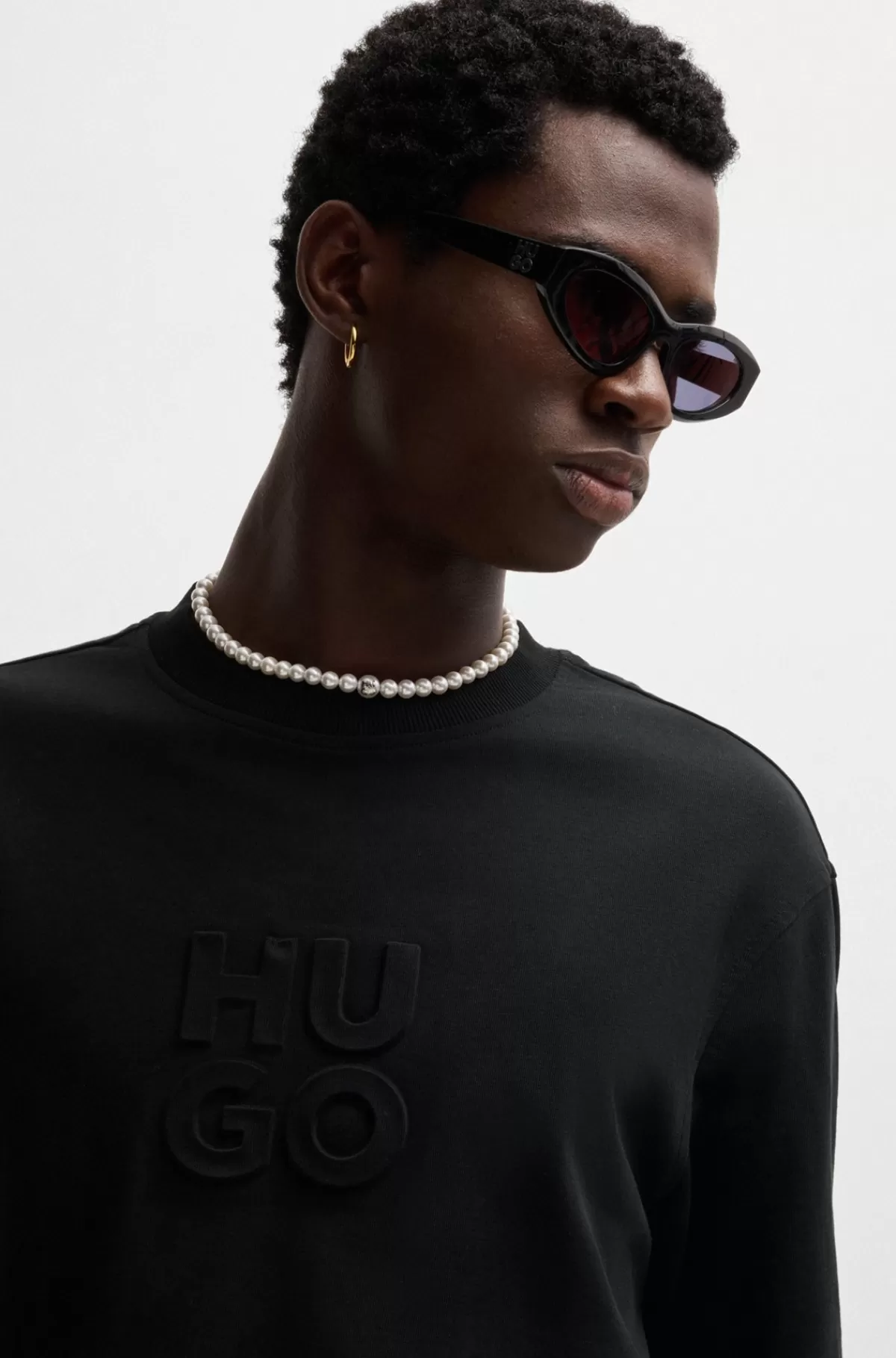 HUGO BOSS T-shirt I Bomuldsjersey Med Præget Logo Sort Store