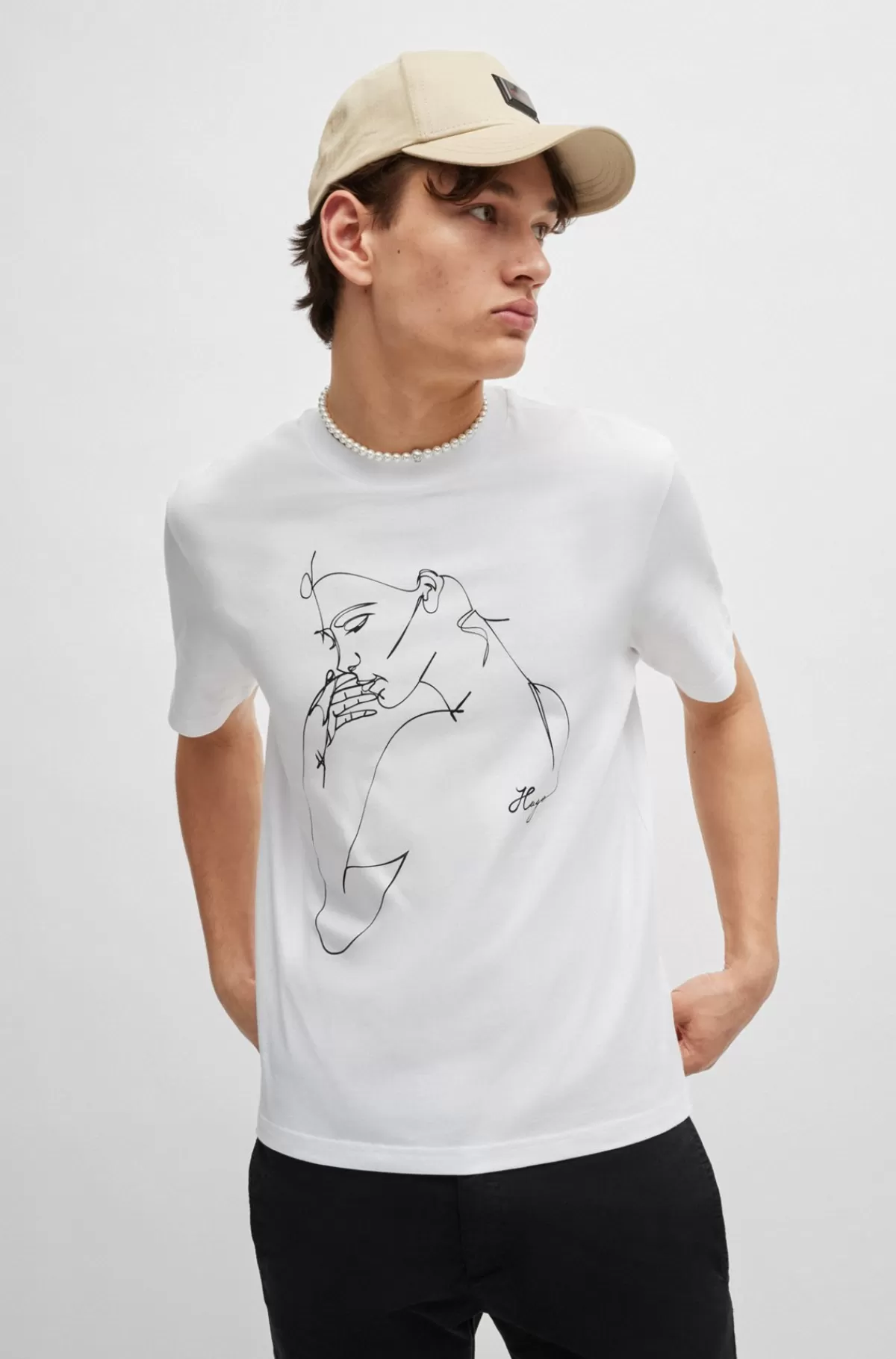 HUGO BOSS T-shirt I Bomuldsjersey Med Relaxed Fit Og Printet Ansigt Hvid Shop