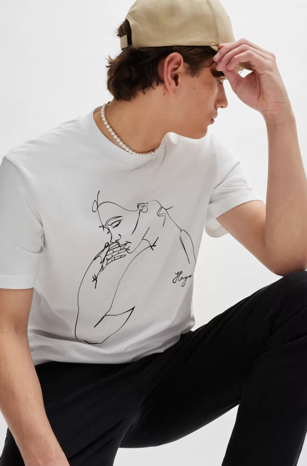 HUGO BOSS T-shirt I Bomuldsjersey Med Relaxed Fit Og Printet Ansigt Hvid Shop