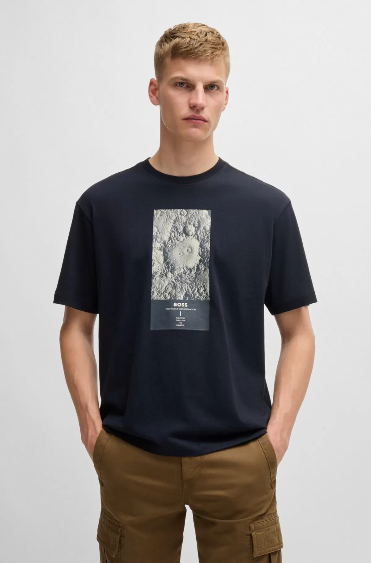 HUGO BOSS T-shirt I Bomuldsjersey Med Relaxed Fit Og Sæsonens Grafik Mørkeblå Clearance