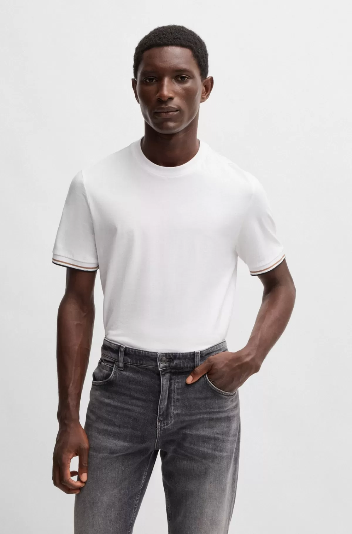 HUGO BOSS T-shirt I Bomuldsjersey Med Signaturstribe I ærmekanten Hvid Outlet
