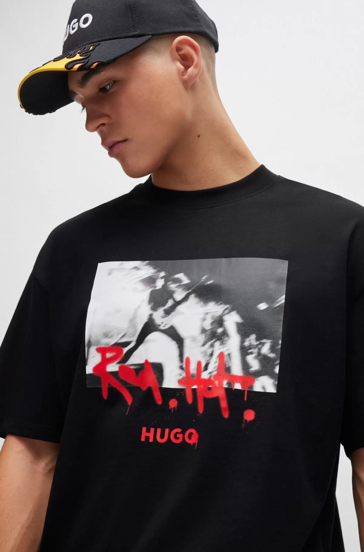 HUGO BOSS T-shirt I Bomuldsjersey Med Spraymalinggrafik Sort Flash Sale