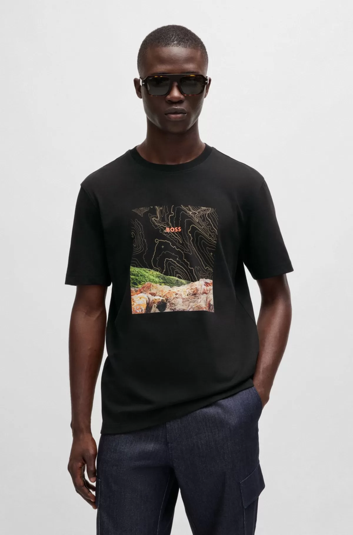 HUGO BOSS T-shirt I Bomuldsjersey Med Sæsonens Grafiske Print Sort Clearance