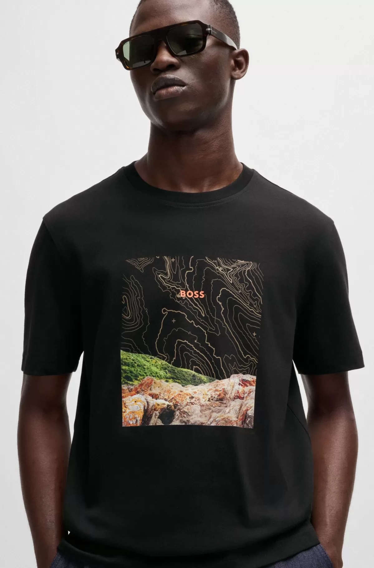 HUGO BOSS T-shirt I Bomuldsjersey Med Sæsonens Grafiske Print Sort Clearance