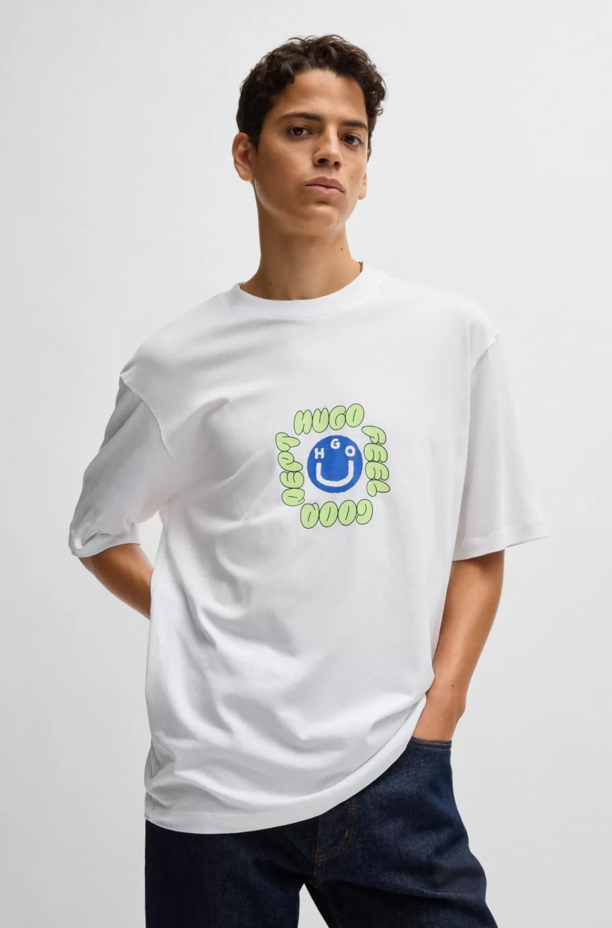 HUGO BOSS T-shirt I Bomuldsjersey Med Sæsonens Print Hvid Best Sale