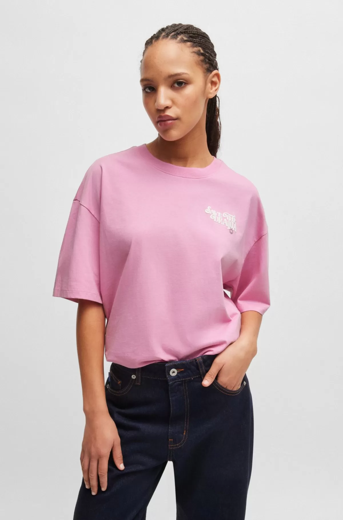 HUGO BOSS T-shirt I Bomuldsjersey Med Sæsoninspireret Grafisk Tryk Lys pink New