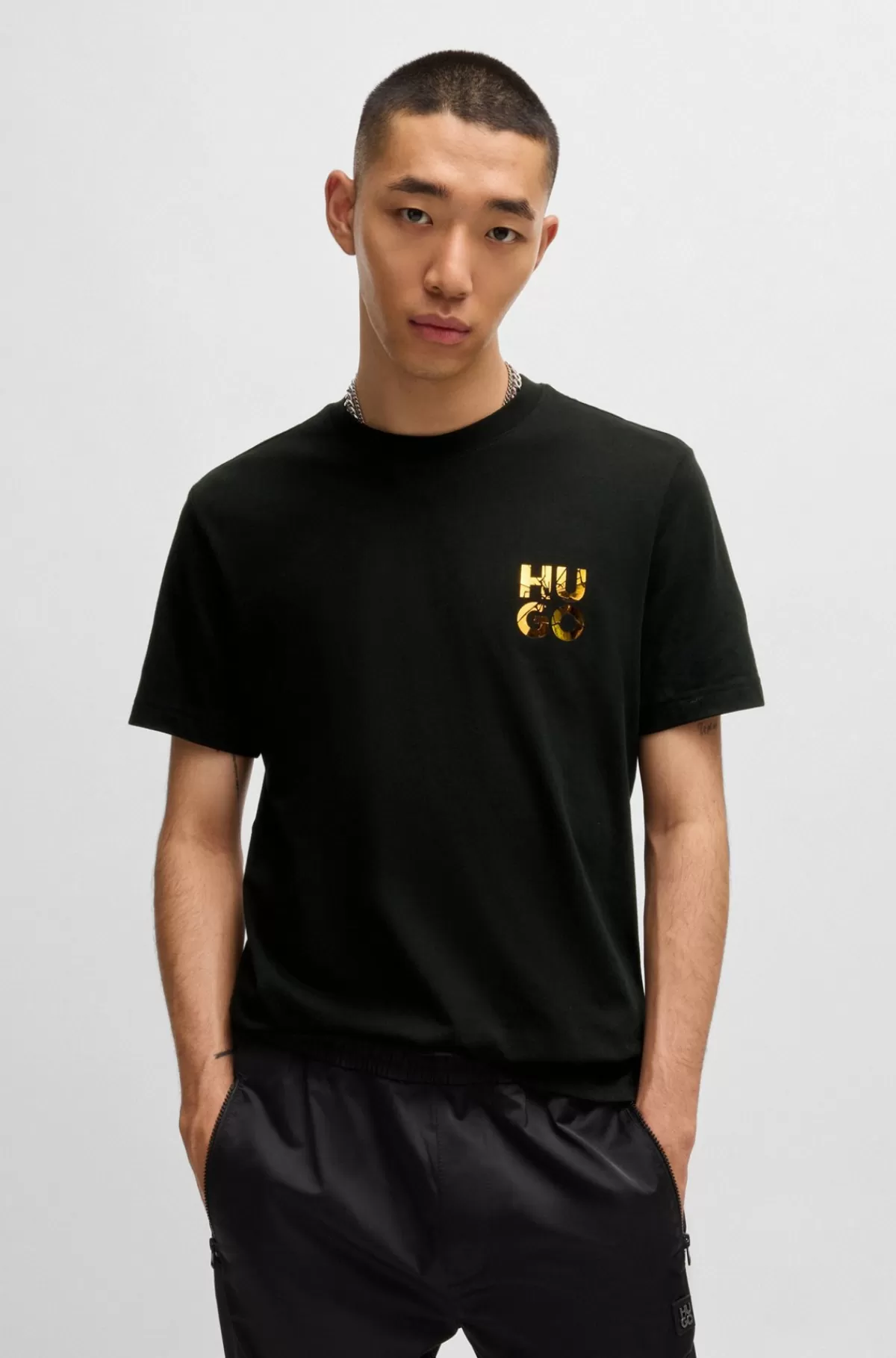 HUGO BOSS T-shirt I Bomuldsjersey Med Stablet Logoprint Sort Cheap