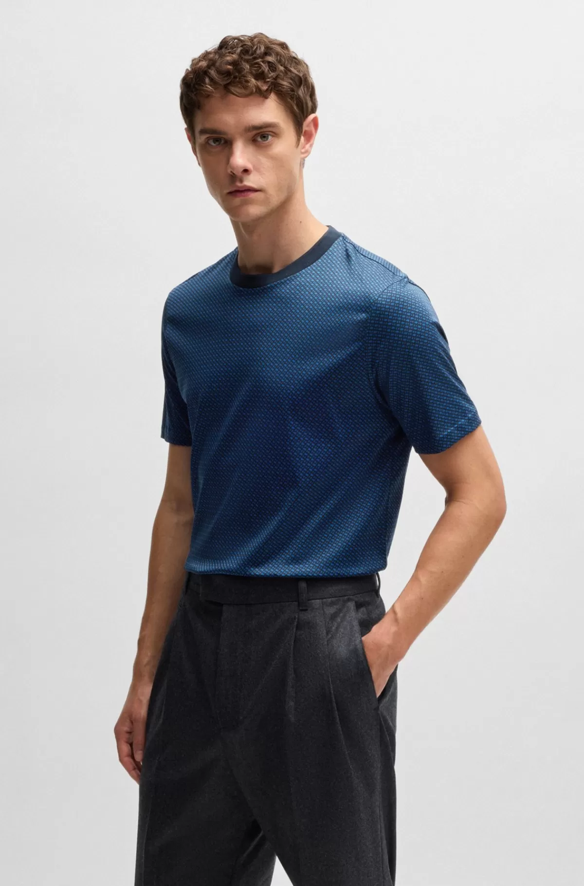HUGO BOSS T-shirt I Merceriseret Bomuld Med Monogramprint I To Farver Mørkeblå Cheap