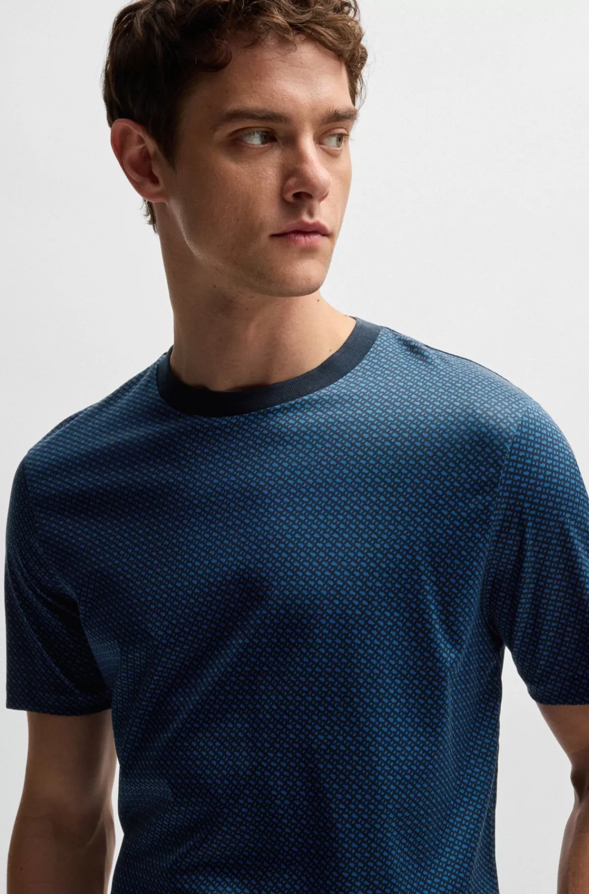 HUGO BOSS T-shirt I Merceriseret Bomuld Med Monogramprint I To Farver Mørkeblå Cheap