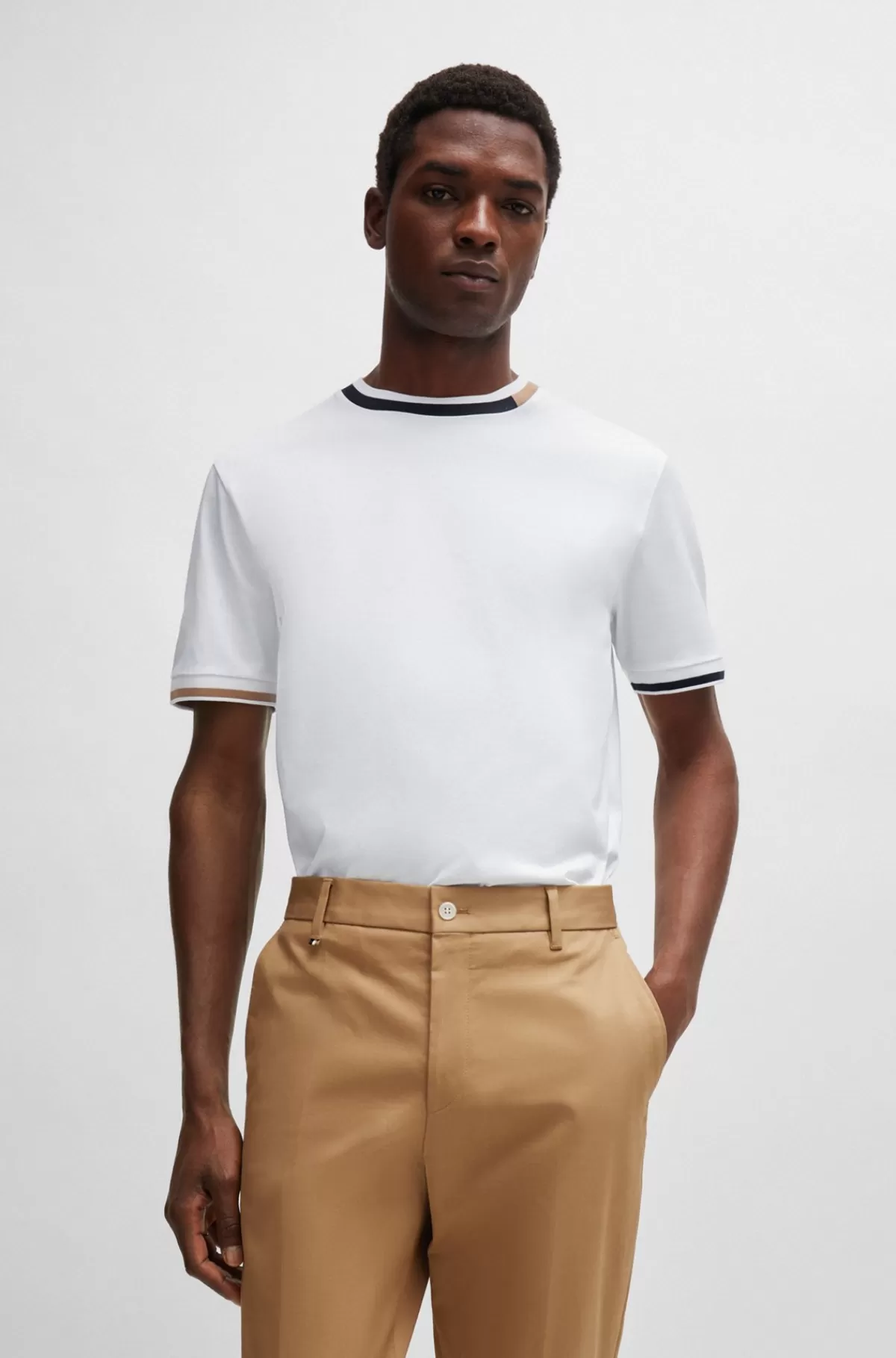 HUGO BOSS T-shirt I Merceriseret Bomuld Med Signaturstribe I Mesh Hvid Clearance