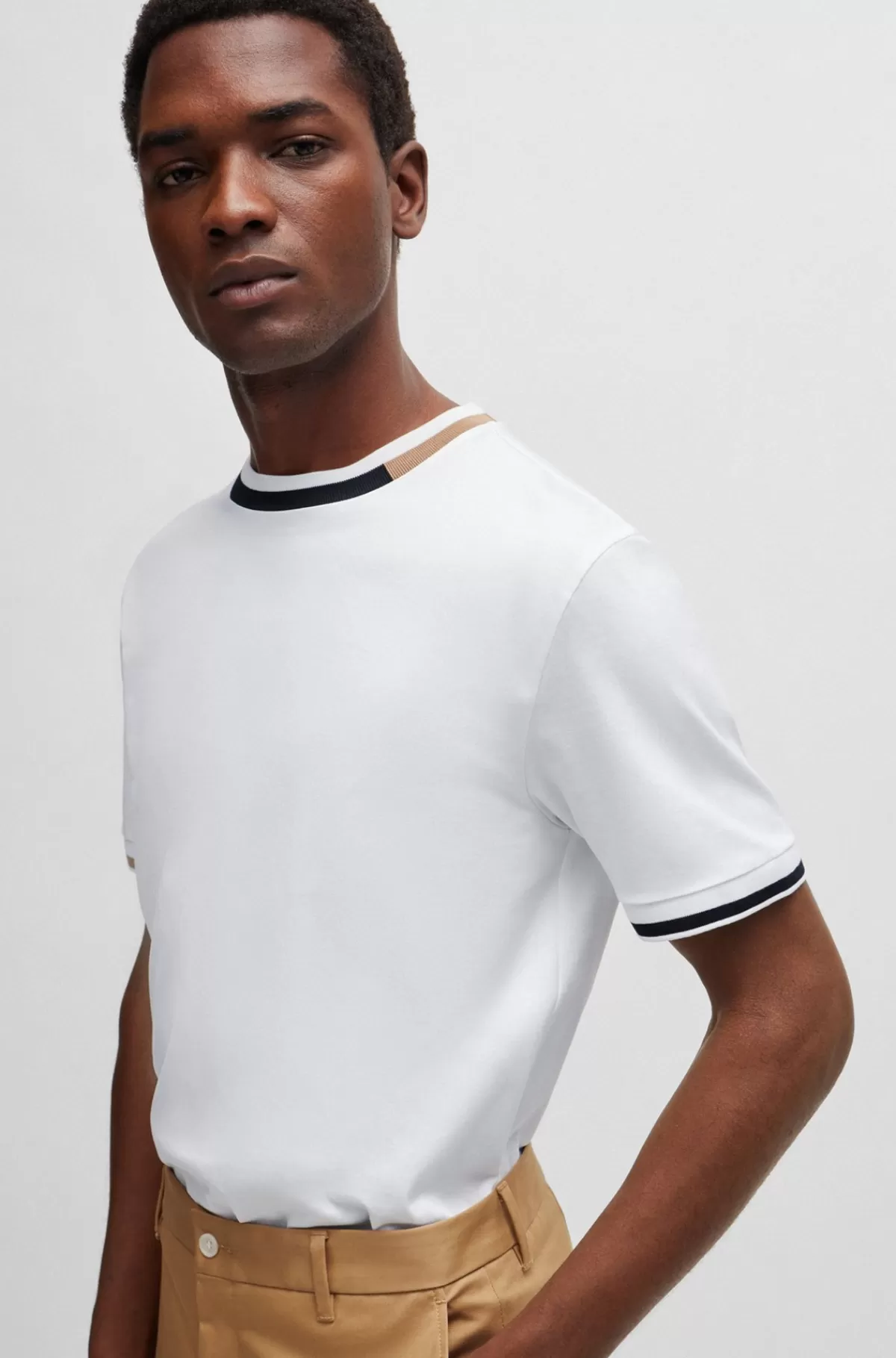 HUGO BOSS T-shirt I Merceriseret Bomuld Med Signaturstribe I Mesh Hvid Clearance
